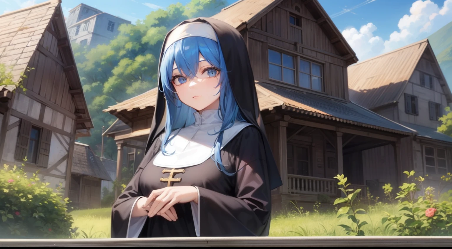1girl, proper clothing, nun, elegant, lady, tall woman, (Topaz blue hair: 1.2), ruins, sky, detailed face, cute face, detailed hair, village house
