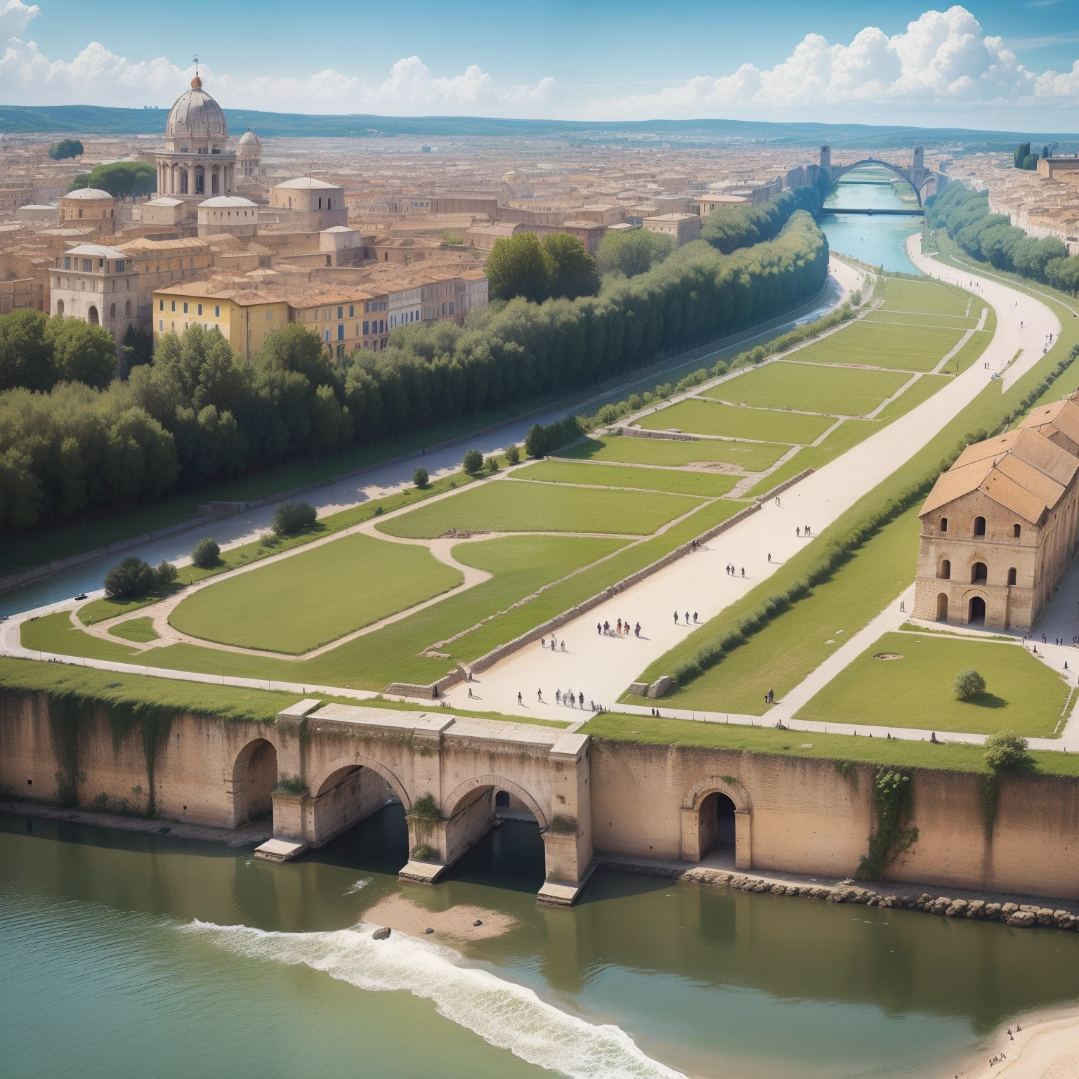 "Create illustrations that represent the first Roman fortifications built on the banks of the Tiber. Show how the early Romans realized the strategic importance of this location and laid the groundwork for the city of Rome. Highlight the characteristics of these initial defenses, such as simple protective walls or primitive watchtowers, who played a crucial role in the development of the city and its security.”