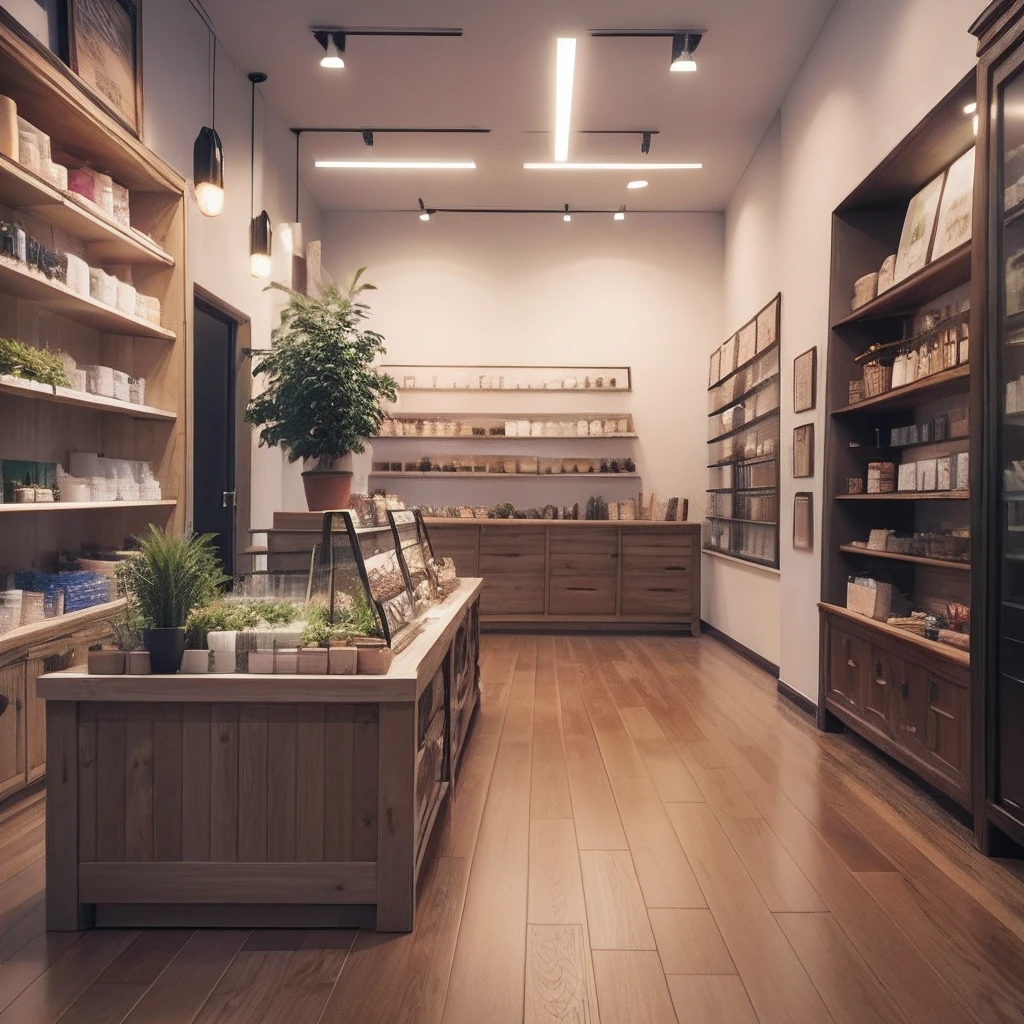 Certainly! Here's a description of a modern and spacious handmade soap shop:
The handmade soap shop is designed with a modern aesthetic, incorporating the calming colors of nature. The interior features wooden floors, which add warmth and a natural touch to the space. The lighting is provided by high-resolution LED lights, strategically placed to create a bright and inviting atmosphere.
Upon entering the shop, customers are greeted by a stylish reception area. The reception desk is made of natural wood, complementing the overall design theme. The walls are adorned with beautiful nature-inspired artwork, showcasing the essence of handmade soaps.
Towards the back of the shop, there is a designated workshop area. This area is well-equipped with a large worktable, where skilled artisans create their handmade soaps. Shelves are filled with various raw materials, such as essential oils, herbs, and botanical extracts, providing a glimpse into the soap-making process.
Adjacent to the workshop, there is a showcase area. It displays an array of beautifully crafted soaps, enticing customers with their vibrant colors, intricate patterns, and appealing scents. The showcase is thoughtfully arranged to showcase the different varieties and fragrance options available.
Throughout the shop, there are carefully placed plants and greenery, bringing a touch of nature indoors. The scent of essential oils lingers in the air, creating a refreshing and relaxing environment for customers to explore and enjoy.
This description provides a visual representation of a modern and spacious handmade soap shop. With these details in mind, you can work with a designer or use visualization tools to bring this concept to life.