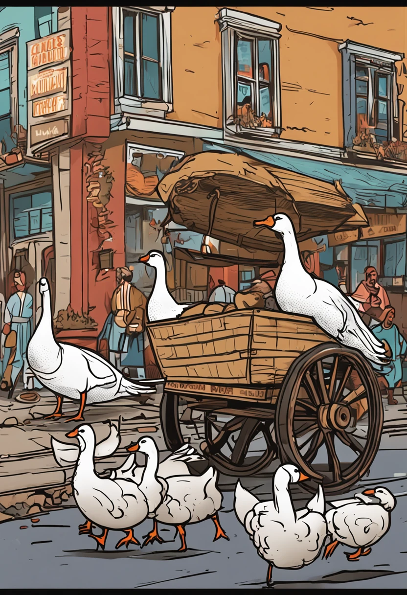 5 geese pulling carts,It's 5 geese
