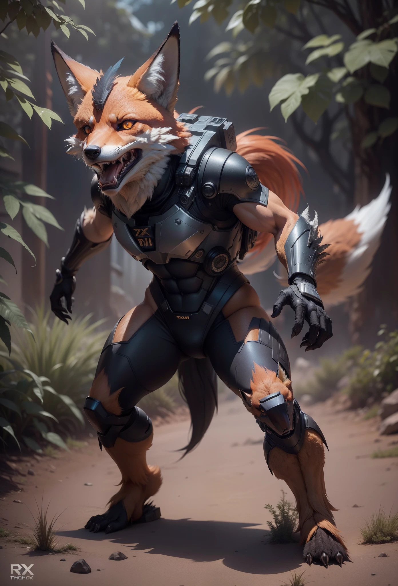 Sci fi humanoid fox with the feathers of a fox and mutant traits similar to rocket teeth, serious angry face, expressive real photography, natural light, photorealism, cinematic rendering, ray tracing, the highest quality, the highest detail, Cinematic, Third-Person View, Long Exposure, 8K, Ultra-HD, Natural Lighting, Moody Lighting, Cinematic Lighting