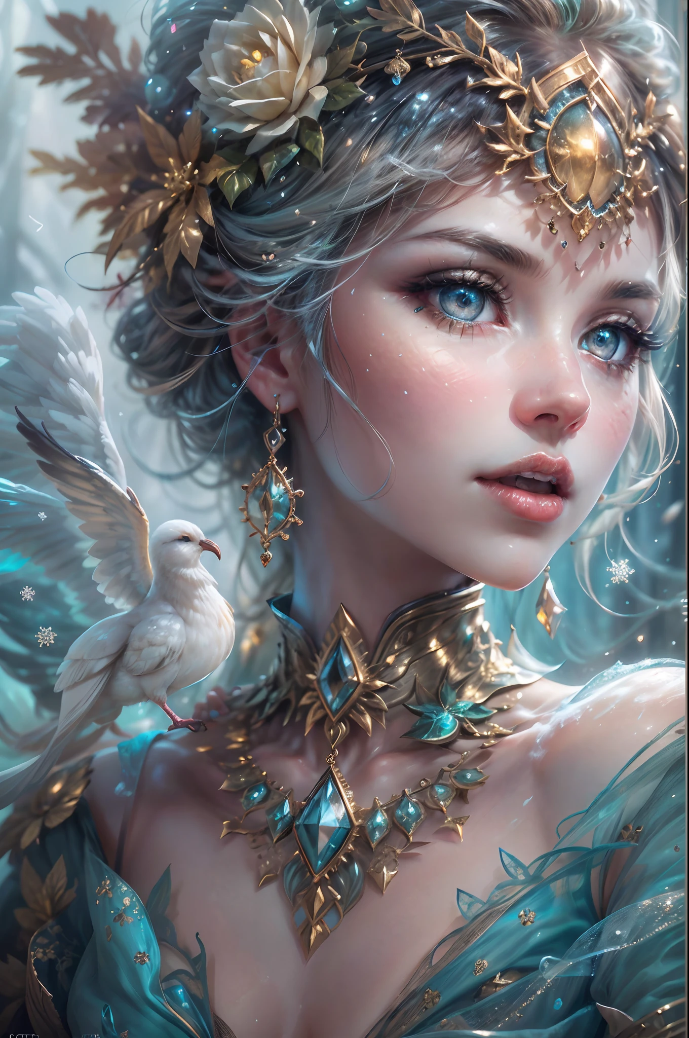 This is a realistic fantasy artwork taking place in a subzero cold winter landscape. Generate a stately, elegant, and graceful Pocahontas elf in a magical world of stunning gilded roses with multicolors and shimmering ice glittering in the light. Her face is elegant and middle-aged and includes realistic shading, incredibly detailed and distinct features, soft puffy and kissable mouth, and (realistic eyes). (Her eyes are important) and should be (beautiful detailed eyes with macro details), realistic details, and a shifting array of beautiful blue colors. Her clothes should be delicately spun from weightless, airy, and expensive gossamer silk with delicate and very subtle floral embroidery, (((many warm layers))), and a variety of complementary colors as well as lots of luxurious fur. Her breasts are subtle and her clothing is very warm and heavy. This image is incredibly creative and emphasizes the beautiful detail of the gilded roses and the pure snow on the ornate ice. Include beautiful detailed snowflakes, icy air, and magical doves. Include pebbles, stones, bumps, glitter, and iridescence. Camera: Utilize dynamic composition techniques to draw the viewer into the scene. Lighting: Enhance the glitter of the snow and ice and emphasize the fantasy winter aspect of the image. Take inspiration from top masters of the genre and trending Midjourney and ArtStation art.