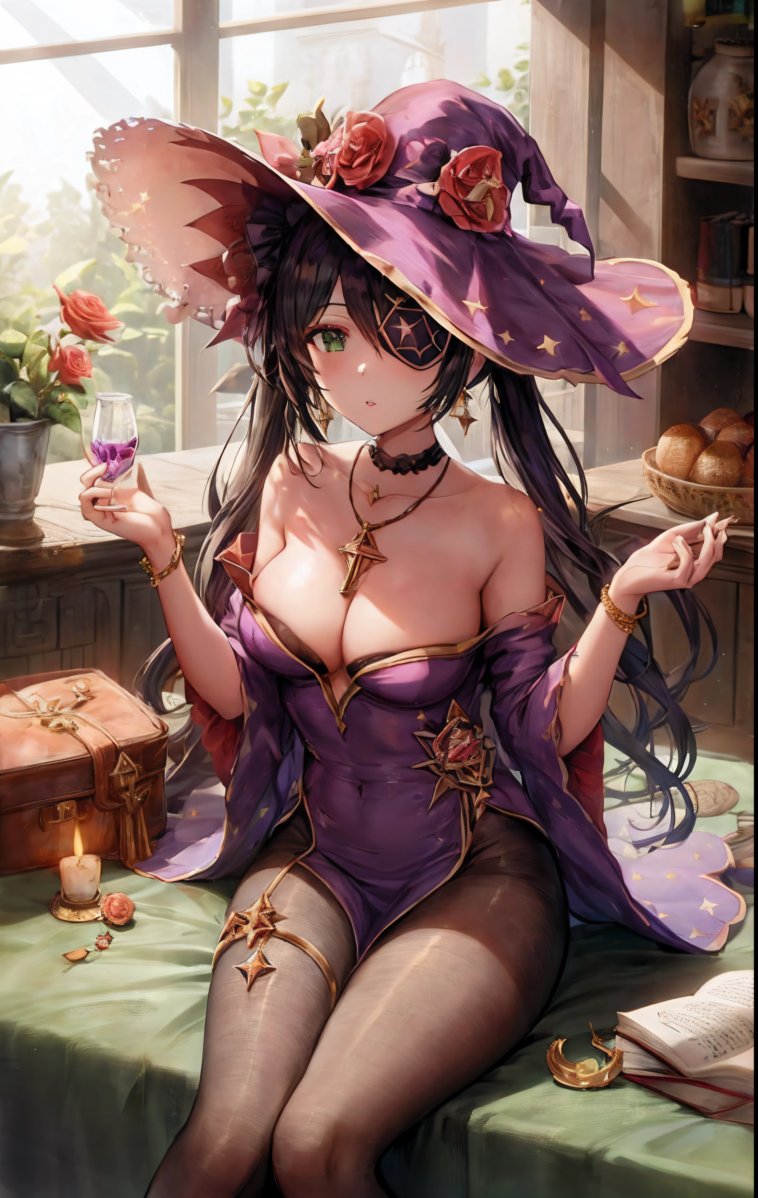 torino aqua, 1girls, alternate costume, black hair, book, bottle, bracelet, breasts, brooch, candle, candlestand, choker, crescent necklace, cup, dress, earrings, eyepatch, flower, food, fruit, genshin impact, grapes, green eyes, hair ornament, hand on headwear, hat, hat flower, highres, holding, holding book, holding food, holding fruit, indoors, jewelry, lamp, lantern, lens flare, long hair, looking at viewer, mona \(genshin impact\), multiple girls, necklace, pantyhose, parted lips, pink flower, pink rose, purple choker, purple dress, rose, scrunchie, sitting, solo focus, spaghetti strap, sparkle print, star \(symbol\), star hair ornament, thighlet, torino aqua, twintails, two side up, very long hair, witch hat, wrist scrunchi, .