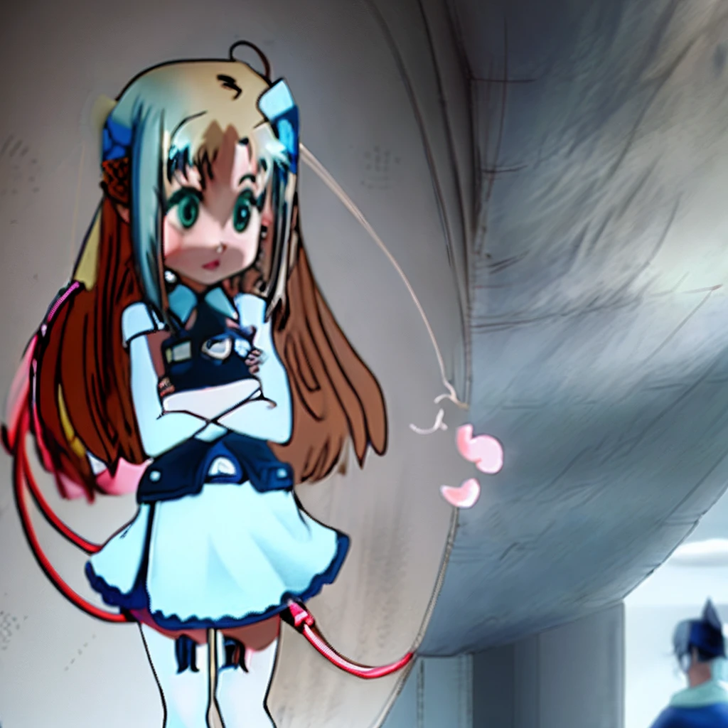 Long blue hair, blue cat ears, girly，Freckles on the face Cold white skin White nightdress，Daisies on hair and skirts