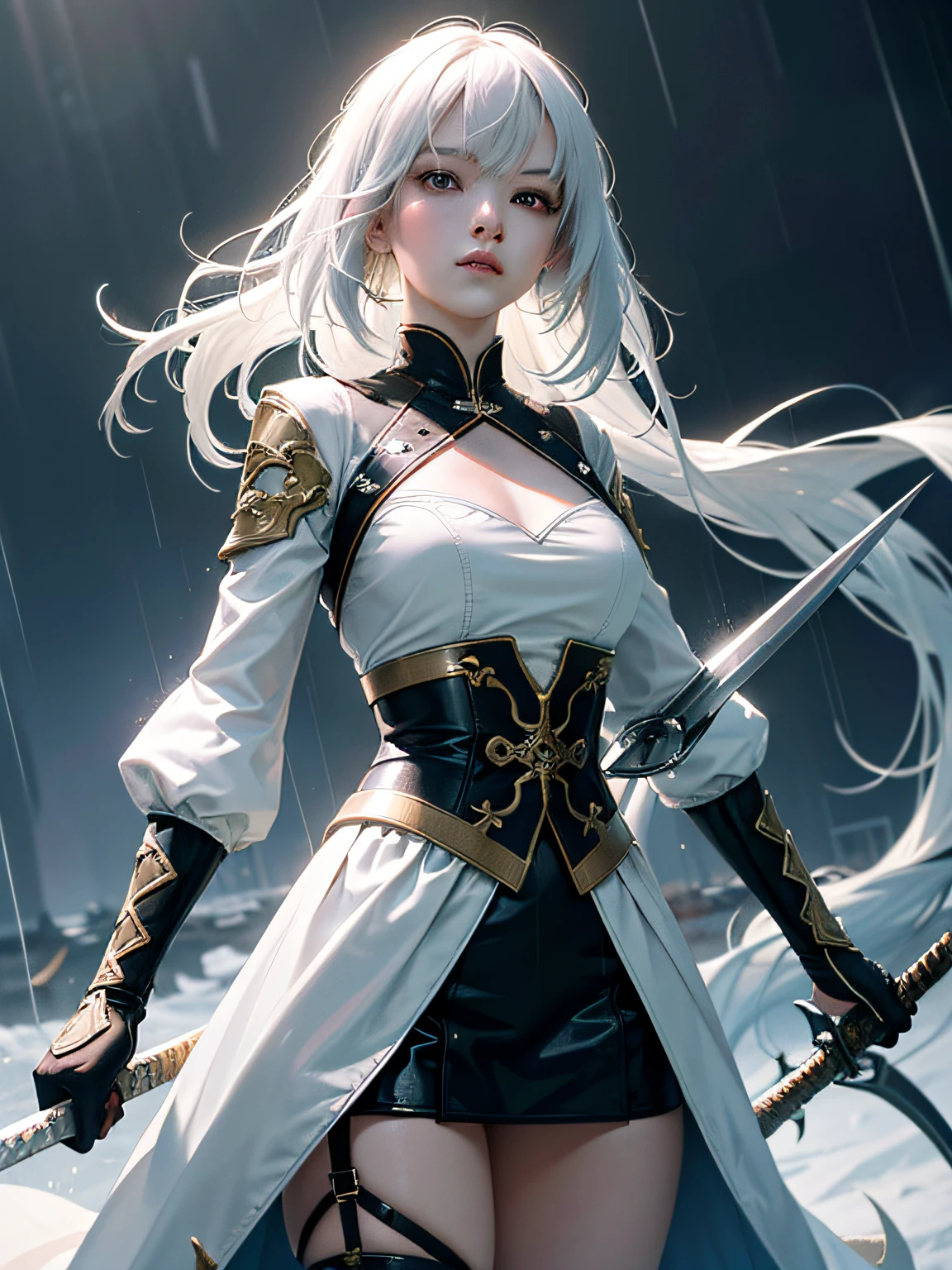 8K,Wallpapers,A detailed,photorealestic,tmasterpiece,Ruiwen,Hold a short sword in hand,white color hair,CG,battlefiled,glowing weapon,combats,strong lights,rainy days,dawning,zori