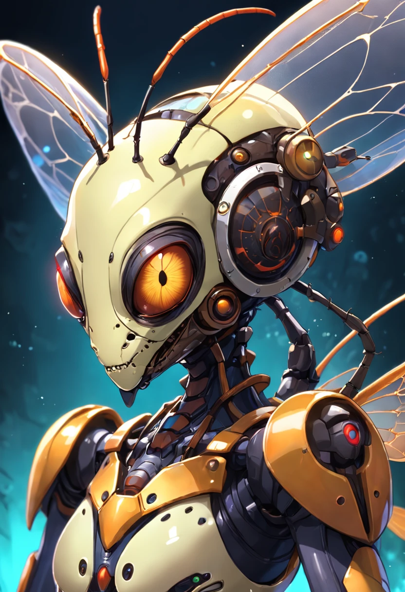 there is a very strange looking alien with glowing eyes, ant humanoid, insectoid, ant alien, ant humanoid mechanic, cyborg wasp, a humanoid mosquito, space insect android, steampunk robot ant, portrait of a alien insect, biopunk cyborg wasp, friendly humanoid insect robot, antasy character, metal and glowing eyes, human structure bee concept art