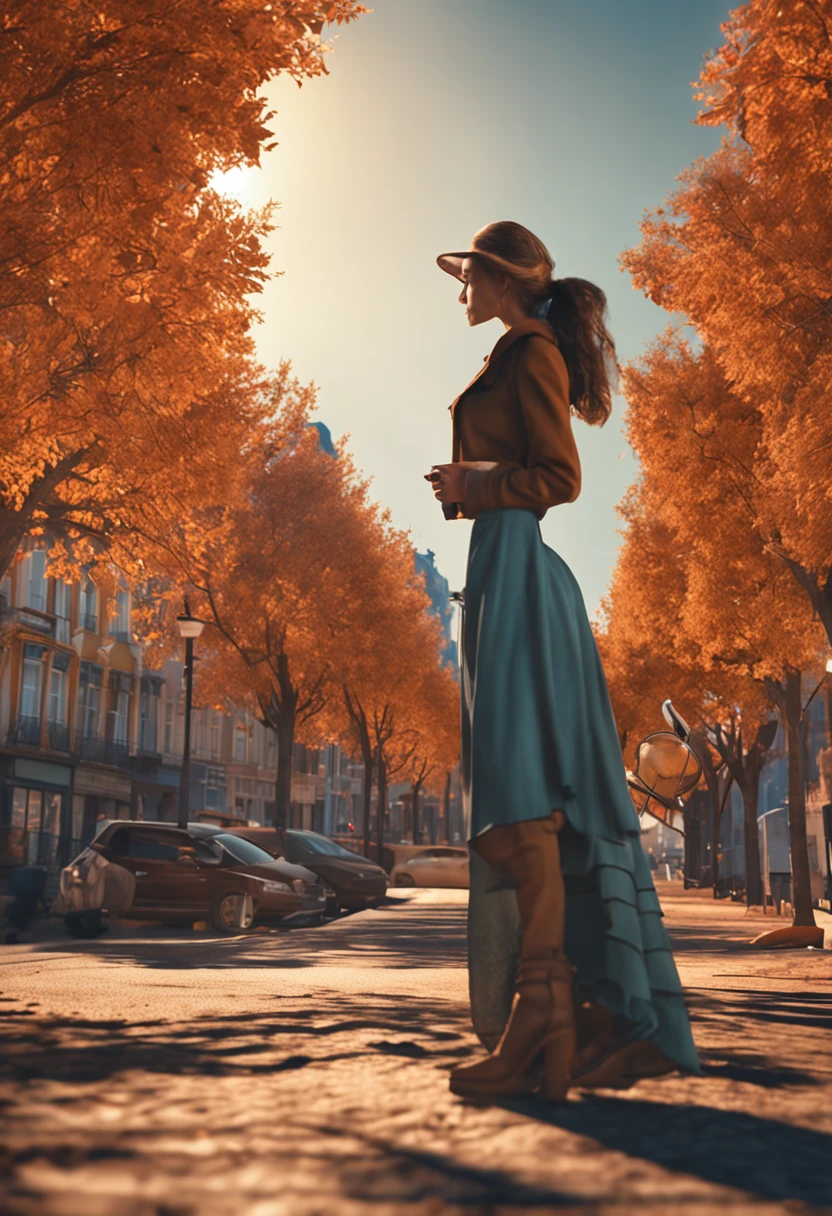 autumnal Autumn in the arts colouring tree-lined street stroll Woman drinking coffee Top image quality hight resolution award - winning photo(Photorealsitic:1.3) Autumn morning blue-sky digitalart