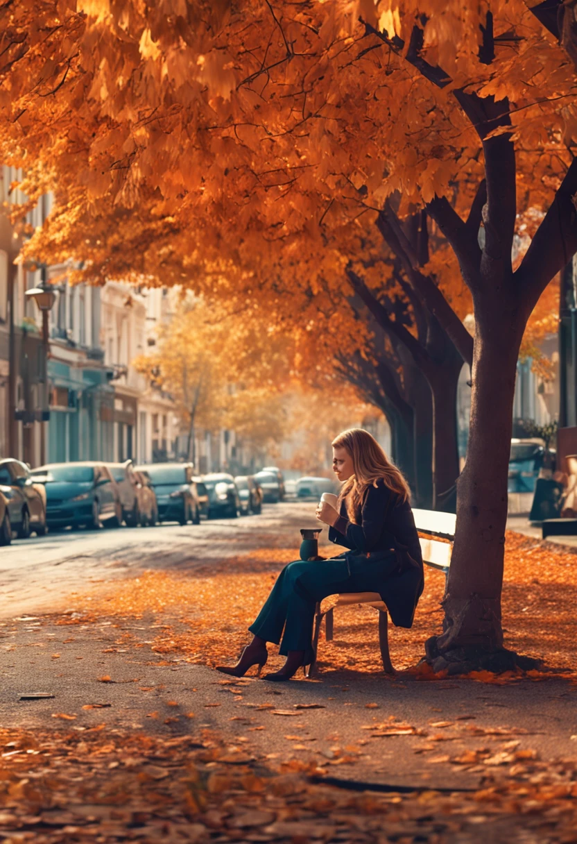 autumnal Autumn in the arts colouring tree-lined street stroll Woman drinking coffee Top image quality hight resolution award - winning photo(Photorealsitic:1.3) Autumn morning blue-sky digitalart