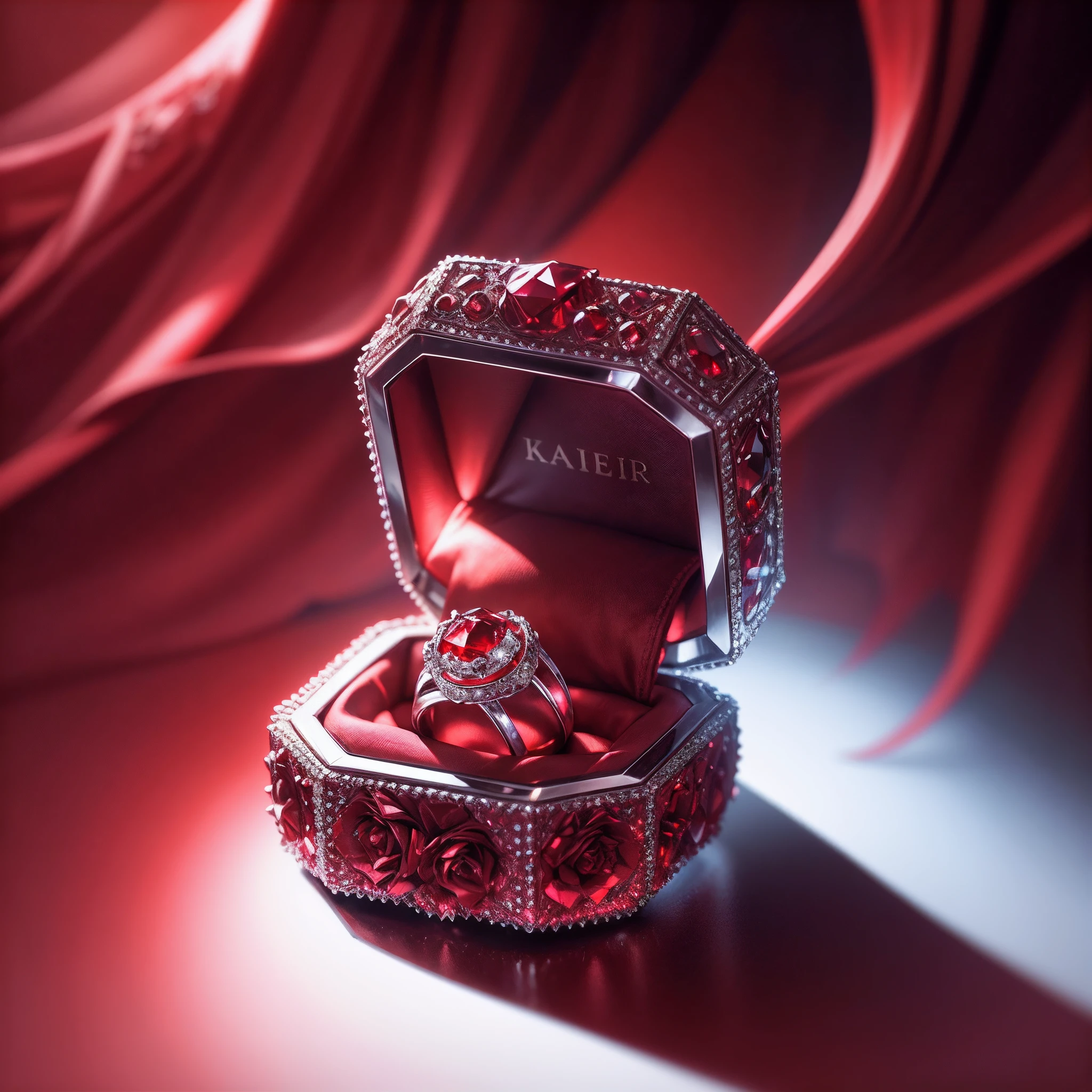 hyper HD, Super detail, Best quality, High details, 1080p, 16k, A high resolution,Silver magic ring,Set with red diamonds,In the background is a display stand made of red silk,Bright lighting,3Drenderingof,Red rose embellishment