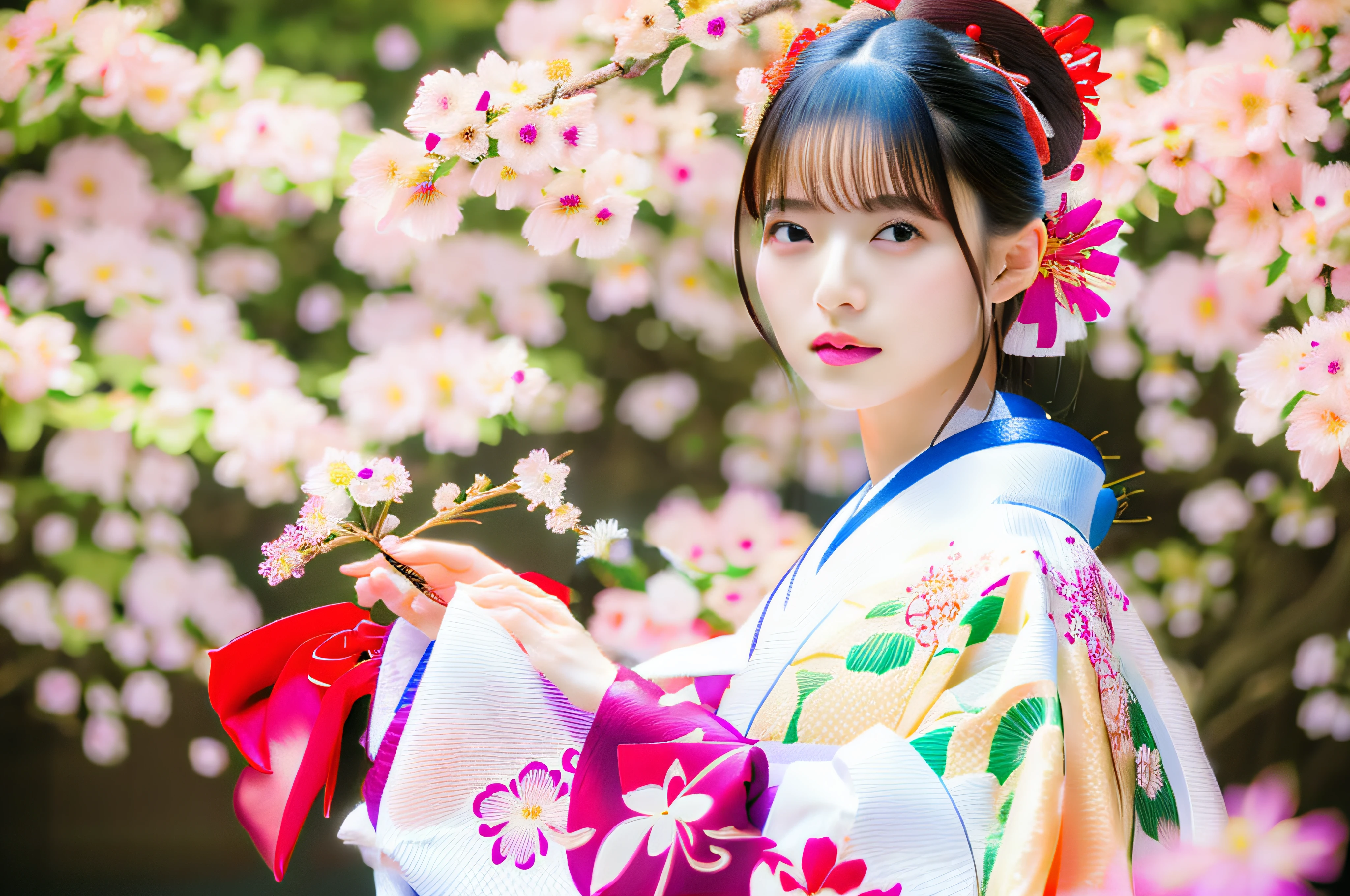 (Beautiful model appearing in Japanese clothing commercial, Beautiful long silver mesh hair swaying in the wind), (alone), ((face is 80% beauty and elegance, 20% pretty and cute:1.5)), (Her roots are in Eastern Europe and Asia), clear eyes, (fine eyes, light brown eyes, bright pupils), double eyelid, (Slightly thick and sexy lips:1.2), Super detailed and incredibly high resolution silver long Kimono, Highly detailed facial texture, impressive body shape, Curvaceous and very attractive woman, (The color of the long kimono is 95% pink and 5% lapis lazuli:1.5), High resolution RAW color photography professional photography, break ultra high-resolution textures, High resolution body rendering, Big eyes, an unparalleled masterpiece, incredible high resolution, Super detailed, stunning ceramic skin, break (Made with plenty of Rinpa silver.、琳派風のshiny redい振袖を着ています。.), (The main color is Rinpa'shiny red.), (丁寧に作られた日本の古典的なshiny redい振袖), ((The embroidery pattern is a Japanese painting style of lapis lazuli birds, cloud, Mountain, river, and flowers)), (A lapis lazuli obi that matches this kimono), ((Delicate and elegant embroidery、shiny redい振袖)), (The background is sparkling silver diamond dust emitted from the moon,Cherry tree:1.5) break ((highest quality, 8K)), sharp focus:1.2, (layer cut, big:1.2), (beautiful woman with perfect figure:1.4), (Beautifully shaped breasts:1.3), thin waist, (correct hand shape:1.5), (full body shot | Rear view)