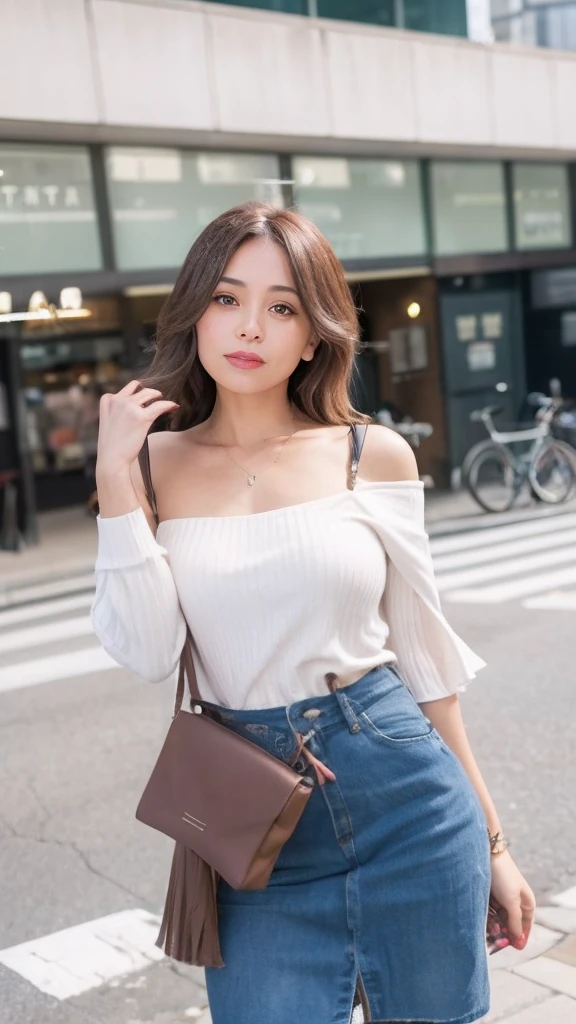 Woman on the street in front of the station,age 40s,Calm face,Beautiful lips,(Sleeve seat with slightly visible hands:1.1),(Doing a crossbody back:1.2),The background is the street in front of the station,cowboy shot,No hats:1.2