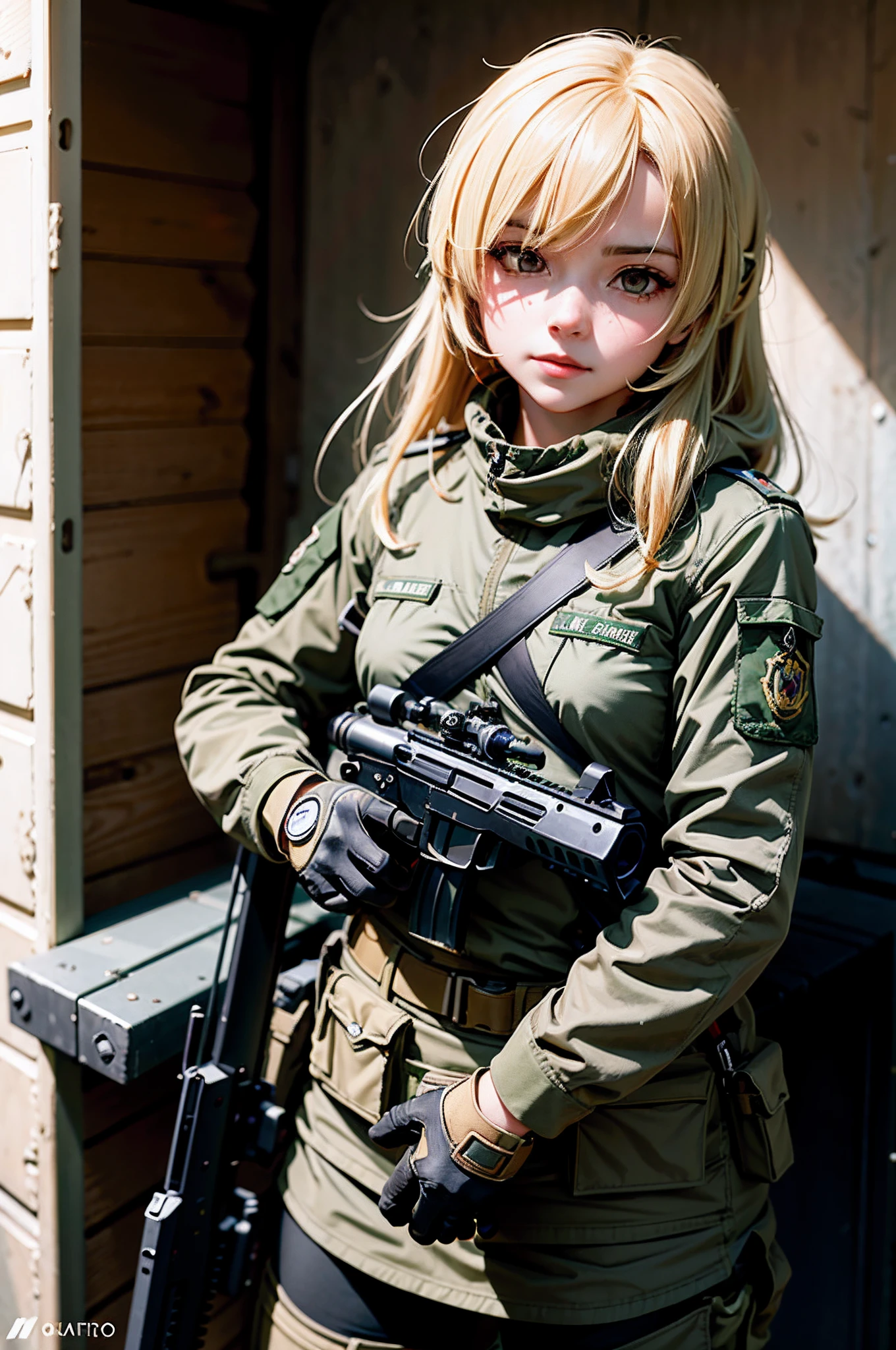 Garota em camuflagem segurando um rifle e andando em uma estrada de terra, menina soldado mecanizado, menina da infantaria, menina soldado, fortemente armado, pronto para o combate, uma garota franco-atiradora na guerra, menina militar, Arte no estilo de Guweiz, M4 SOPMOD II Meninas Linha de Frente, Guweiz em ArtStation Pixiv, dressed in tactical armor