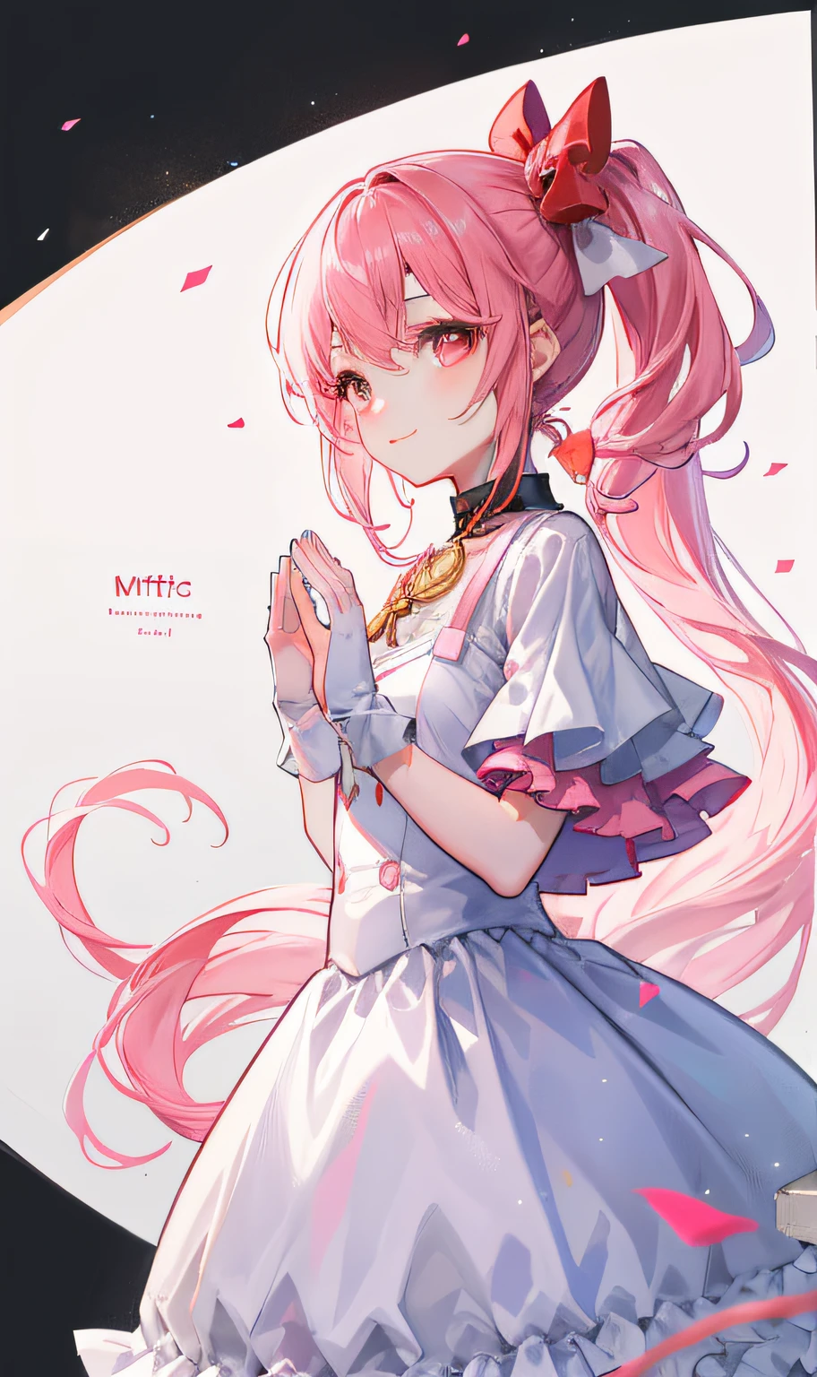 tmasterpiece，Best quality at best，1girl，Be a little round， Round God，独奏，with pink hair，The ends gradually become transparent，Long hair and double ponytail，ssmile，a pink eyes，mitts，a white long skirt，magical ***********，Prayer gestures，Collar，(kbxll:0.6)