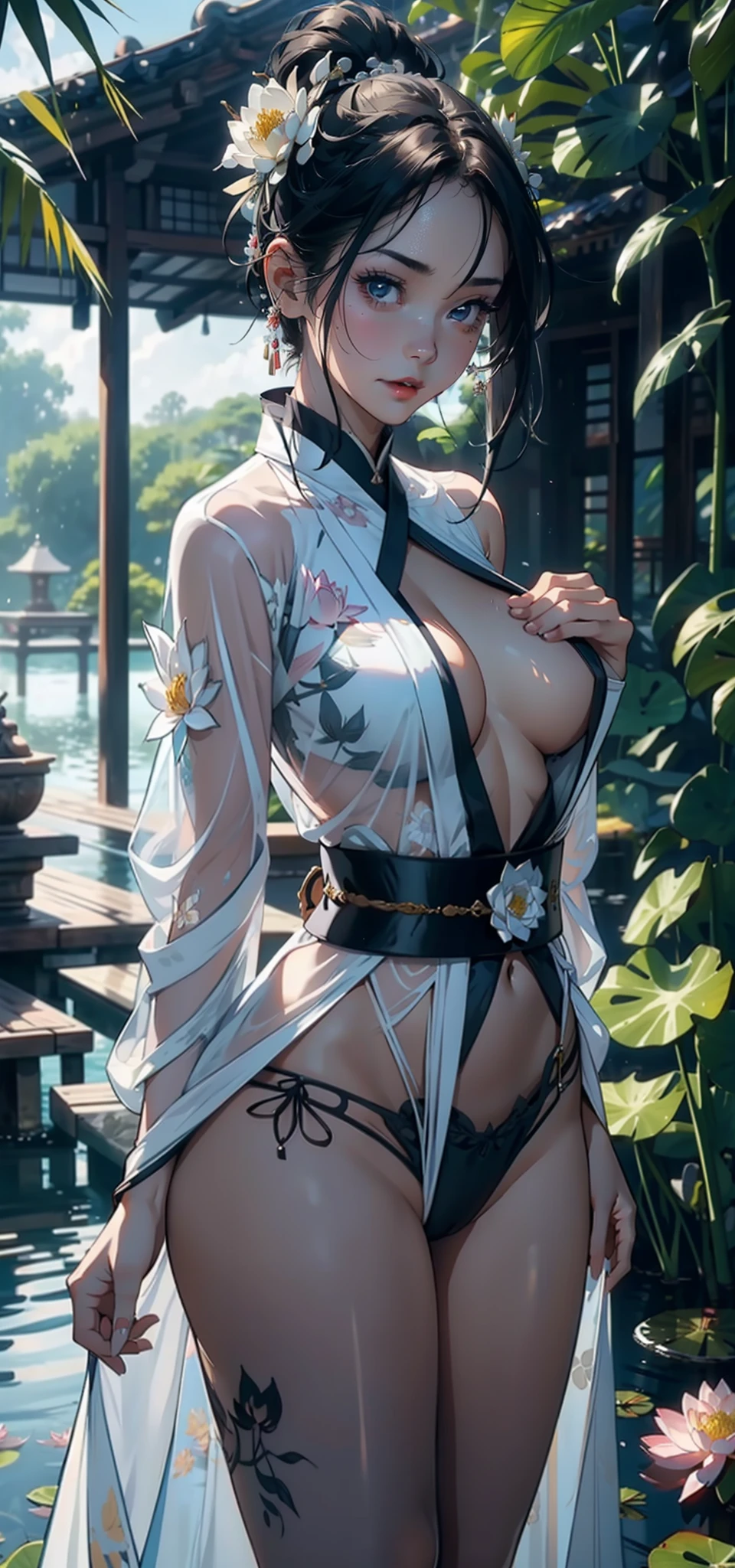 1female,36 years old,Bigchest,Raised sexy,Pornographic exposure, 独奏,(Background with:Surrounded by lotus flowers,bamboo forrest,Lotus pond,lotuses,lotus flower,china rose,rosette,chrysanthemums) She has short black hair,standing on your feet,Sweat profusely,drenched all over the body,seen from the front, hair straight, mostly cloudy sky,(((tmasterpiece),(Very detailed CG unity 8K wallpaper),best qualtiy,cinmatic lighting,detailed back ground,beatiful detailed eyes,Bright pupils,(Very fine and beautiful),(Beautiful and detailed eye description),Black eyes,Redlip,ultra - detailed,tmasterpiece,)),facing at camera,(The upper part of the body),A high resolution,ultra - detailed),revealing breasts,Bare genitalia, Bulge,legs are open,sexyposture,Camel toes,Flushed complexion,Open-mouthed,frontage,elementary student,A ball head,Lotus hair ornaments(Wearing:White transparent kimono,Blue streamer surrounds)