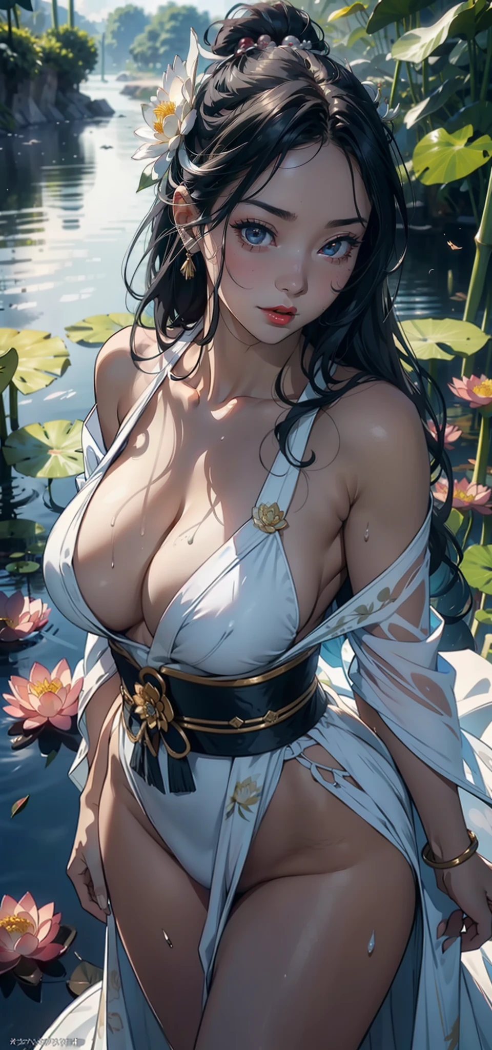 1female,36 years old,Bigchest,Raised sexy,Pornographic exposure, 独奏,(Background with:Surrounded by lotus flowers,bamboo forrest,Lotus pond,lotuses,lotus flower,china rose,rosette,chrysanthemums) She has short black hair,standing on your feet,Sweat profusely,drenched all over the body,seen from the front, hair straight, mostly cloudy sky,(((tmasterpiece),(Very detailed CG unity 8K wallpaper),best qualtiy,cinmatic lighting,detailed back ground,beatiful detailed eyes,Bright pupils,(Very fine and beautiful),(Beautiful and detailed eye description),Black eyes,Redlip,ultra - detailed,tmasterpiece,)),facing at camera,(The upper part of the body),A high resolution,ultra - detailed),revealing breasts,Bare genitalia, Bulge,legs are open,sexyposture,Camel toes,Flushed complexion,Open-mouthed,frontage,elementary student,A ball head,Lotus hair ornaments(Wearing:White transparent kimono,Blue streamer surrounds)
