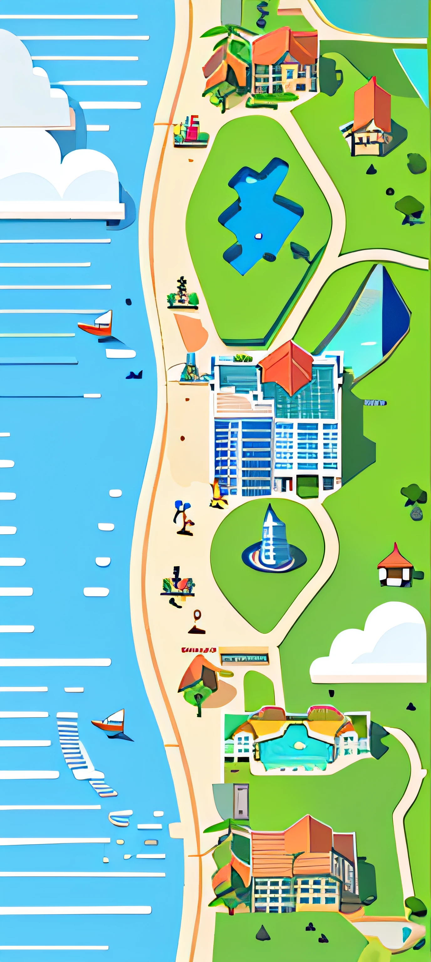 Map of the beach with many buildings and water, Flat illustration, isometric illustration, isometric illustration fun, prerendered isometric graphics, Isometric map, isometric invironment, Detailed 2D illustration, Commercial illustration, Isometric art, detailed digital illustration, Stylized digital illustration, 3 d isometric, 3d isometric