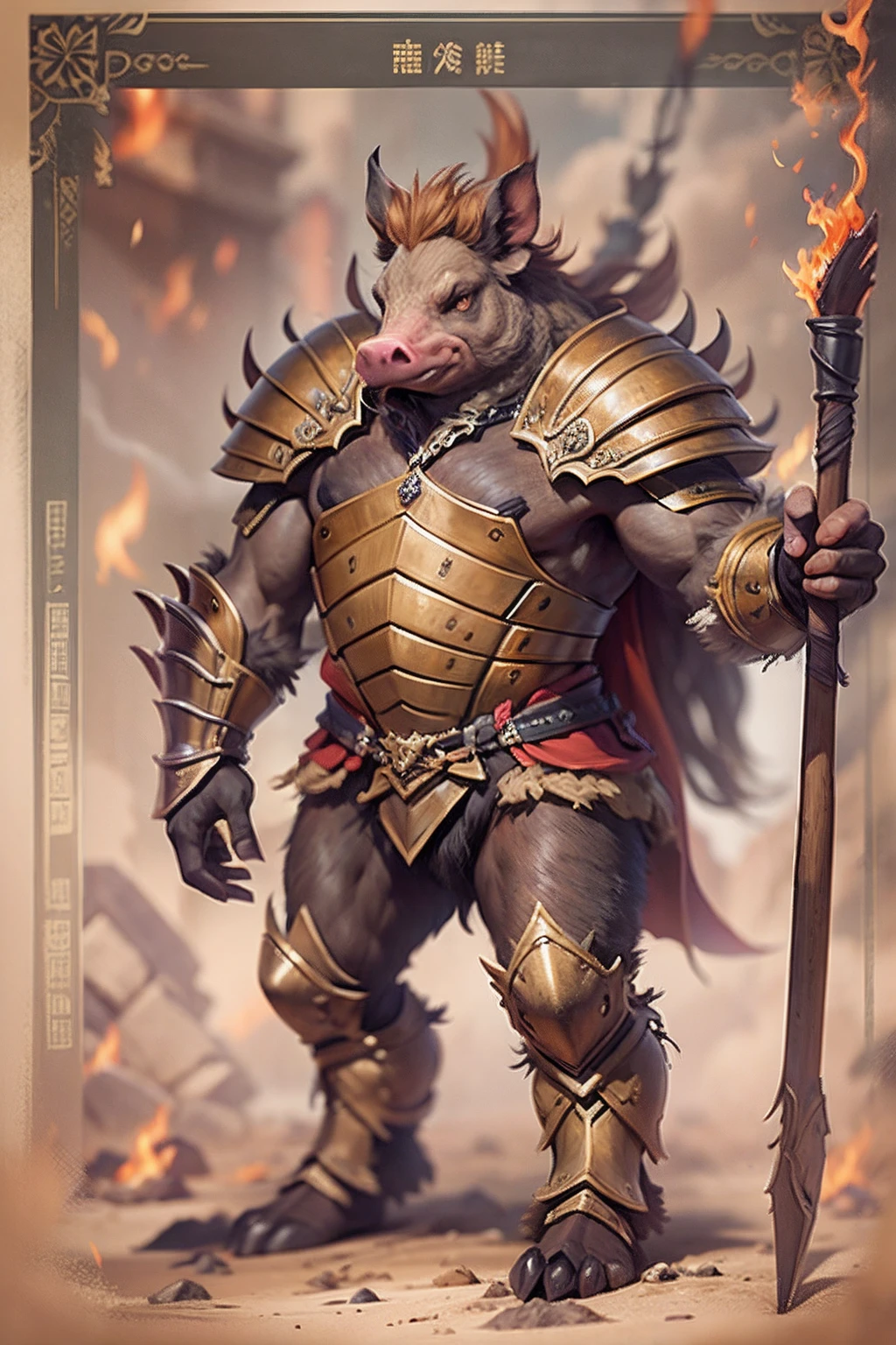 (anthropomorphic turtle),(Boar warriors:1.4),coda,a tall body,Stout limbs,disdain,ran,tosen,The long hairs of the flame fluttered in the wind,combats,Dynamic lines,Dimly lit battlefield,Ruined castle,(stereoscopic perspective:1.4),Works of masters,super-fine,4K分辨率,high qulity,电影灯光,High picture detail,Detailed pubic hair,Epic shooting,Clearly focused hair,Detailed hair depiction,acurate