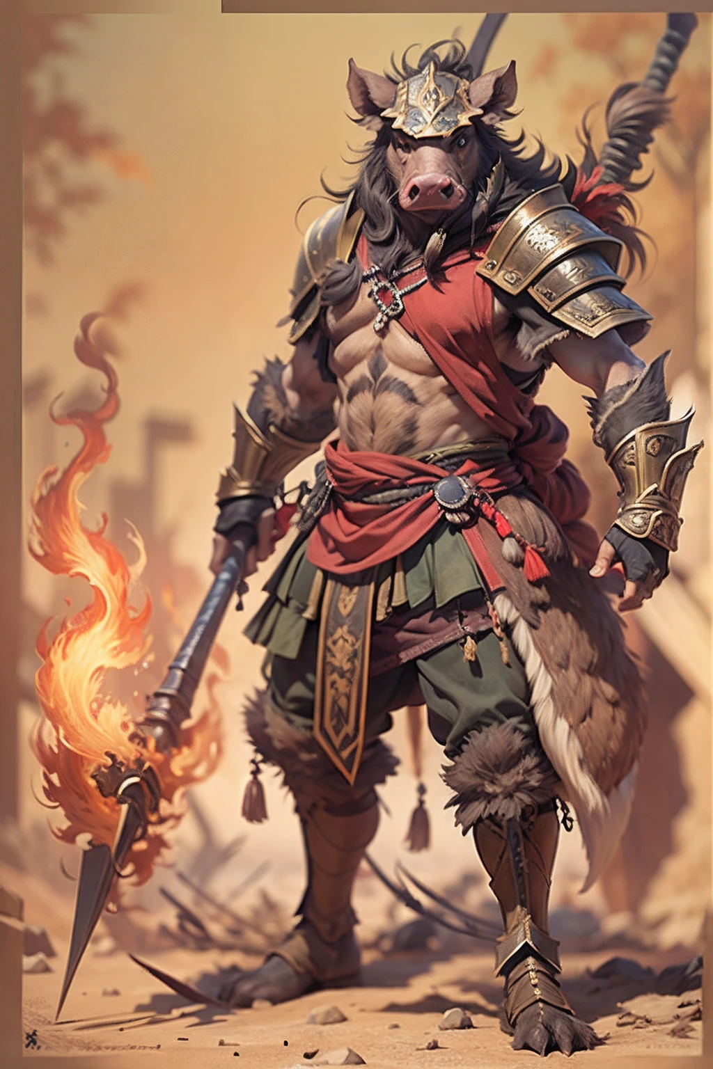 （anthropomorphic turtle），（Boar warriors：1.4），coda，a tall body，Stout limbs，disdain，ran，tosen，The long hairs of the flame fluttered in the wind，combats，Dynamic lines，Dimly lit battlefield，Ruined castle，（stereoscopic perspective：1.4），Works of masters，super-fine，4K分辨率，high qulity，电影灯光，High picture detail，Detailed pubic hair，Epic shooting，Clearly focused hair，Detailed hair depiction，acurate