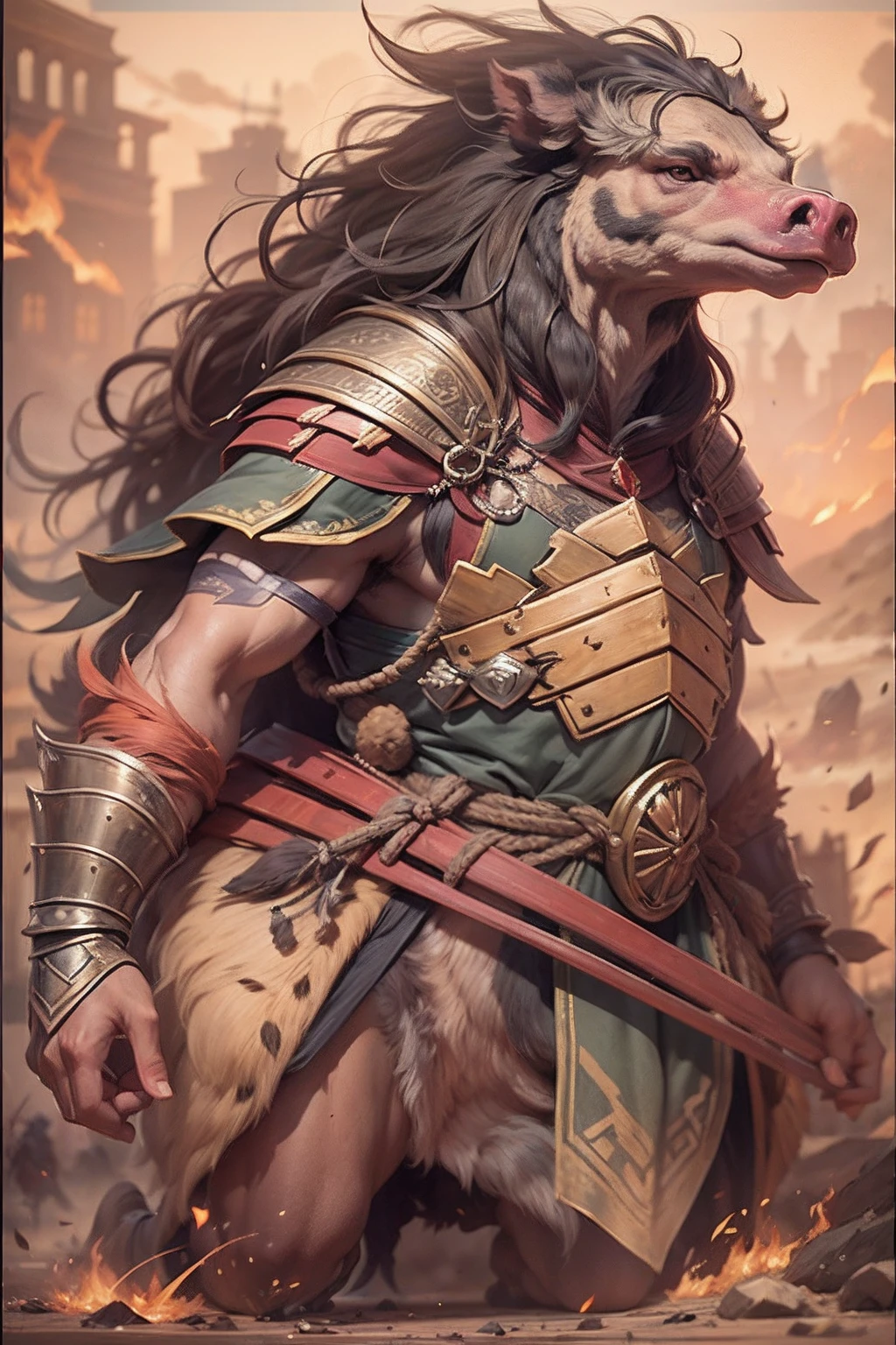 （anthropomorphic turtle），（Boar warriors：1.4），coda，a tall body，Stout limbs，disdain，ran，tosen，The long hairs of the flame fluttered in the wind，combats，Dynamic lines，Dimly lit battlefield，Ruined castle，（stereoscopic perspective：1.4），Works of masters，super-fine，4K分辨率，high qulity，电影灯光，High picture detail，Detailed pubic hair，Epic shooting，Clearly focused hair，Detailed hair depiction，acurate