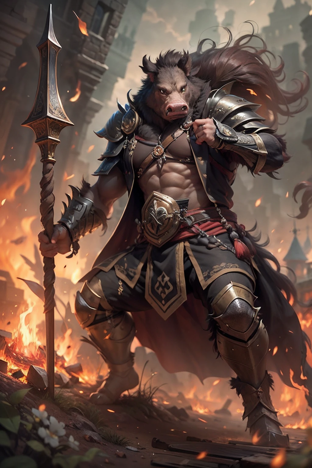 (anthropomorphic turtle),(Boar warriors:1.4),coda,a tall body,Stout limbs,disdain,ran,tosen,The long hairs of the flame fluttered in the wind,combats,Dynamic lines,Dimly lit battlefield,Ruined castle,(stereoscopic perspective:1.4),Works of masters,super-fine,4K分辨率,high qulity,电影灯光,High picture detail,Detailed pubic hair,Epic shooting,Clearly focused hair,Detailed hair depiction,acurate