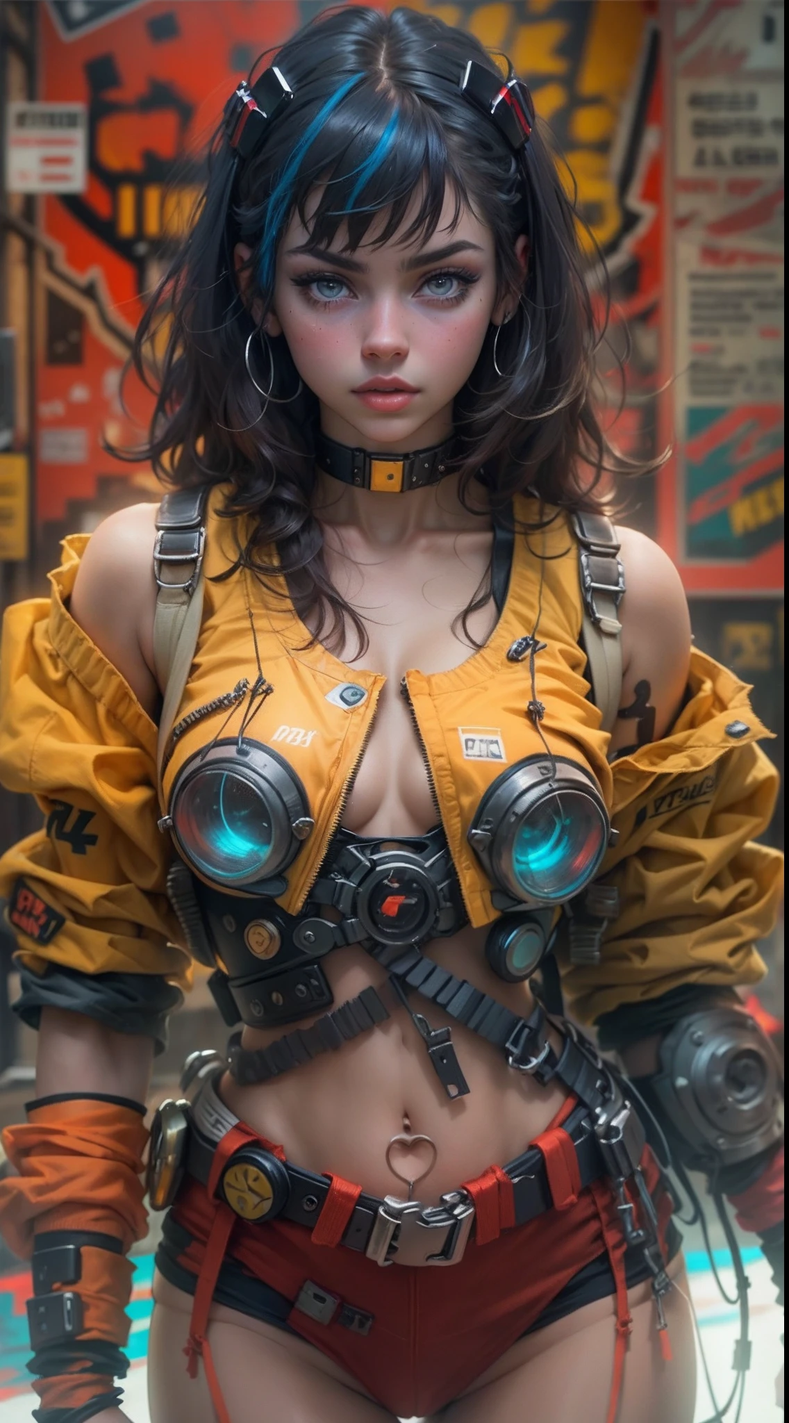 motor irreal:1.4,CG ultra realista 64K, fotorrealista:1.4, textura de la piel:1.4, obra maestra:1.4,Hermosa selena gomez con lingeries babydoll、Ropa corta estilo cyberpunk color amarillo, pantimedias red , Mini falda azul,beautiful fine hands,