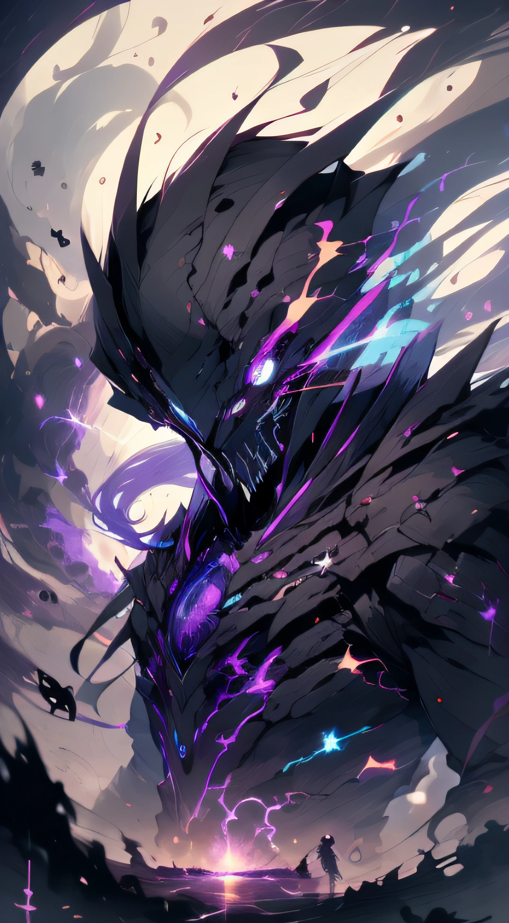 (absurdres, highres, ultra detailed, HDR), masterpiece, best quality, grim reaper male with scythe sitting on demon with a giant eye, in arrogant look, solo, reaper, male,huge scythe,glowing scythe, demon eyeball, giant eyeball, disgusting, black demon wing, demon horn, handsome, purple eye, glowing eye, black robe, earring and accessory, bare chest, arrogant face, full body, magic vortex, spark, swirl, black and purple aura, dark purple cloudy sky, abyss, abstract background, from side, look up, evil smile