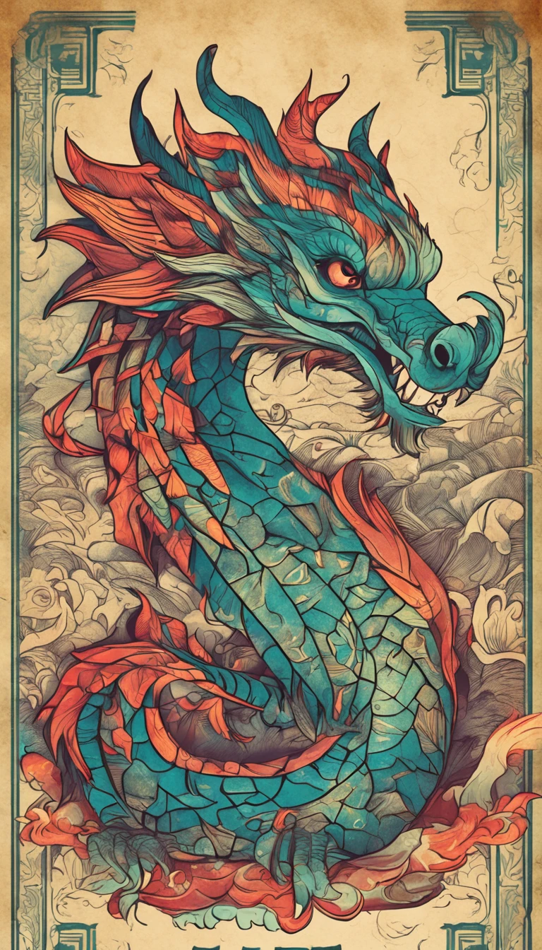 Best quality, chinesedragon,glimmering, , 2D, flat, Adorable, Vintage, Art on cracked paper, fairytale-like, Detailed illustration of the storybook, Cinematic, hyper HD, detaile, Beautiful details, mistic, Luminism, Vibrant colors,