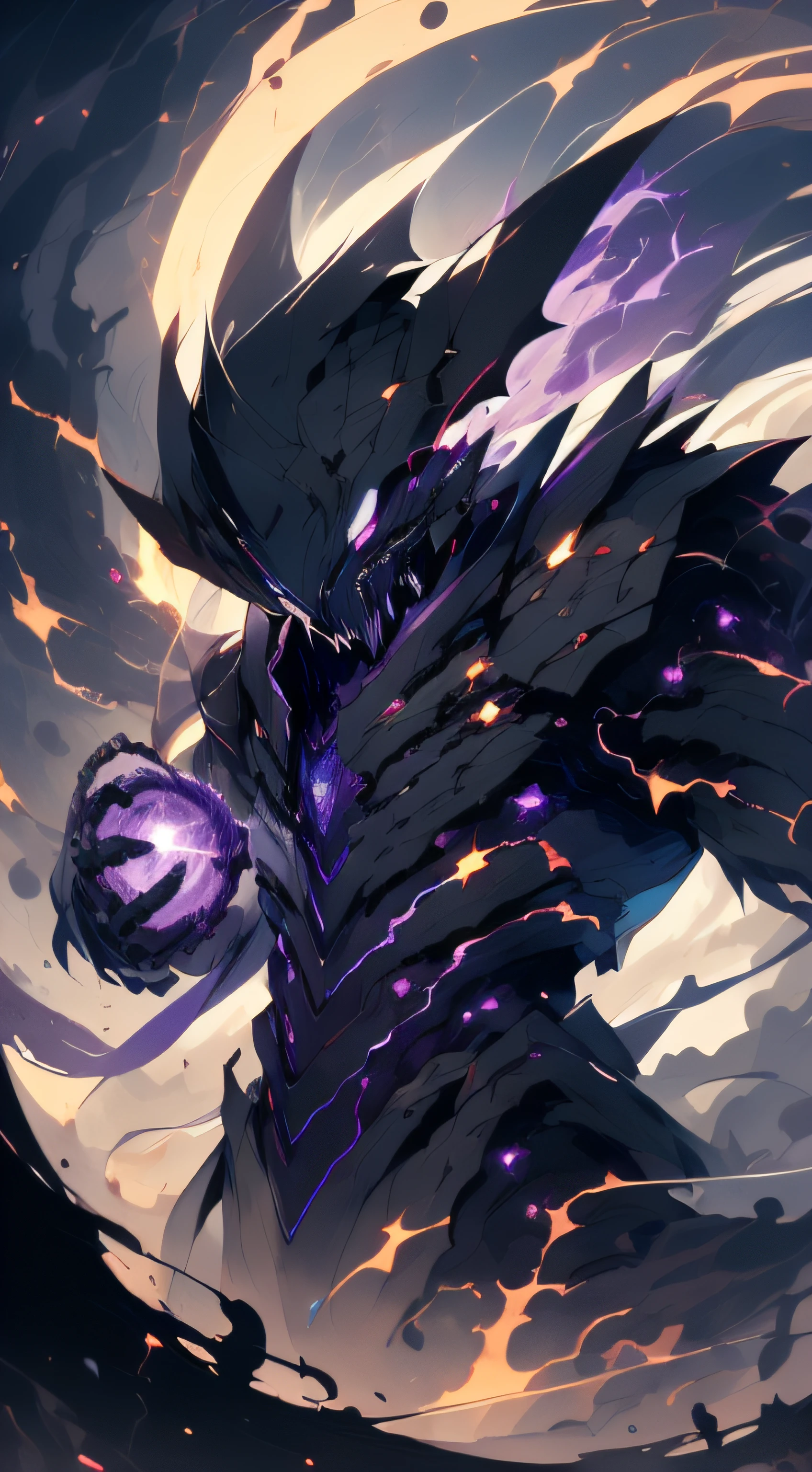 (absurdres, highres, ultra detailed, HDR), masterpiece, best quality, grim reaper male with scythe sitting on demon with a giant eye, in arrogant look, solo, reaper, male,huge scythe,glowing scythe, demon eyeball, giant eyeball, disgusting, black demon wing, demon horn, handsome, purple eye, glowing eye, black robe, earring and accessory, bare chest, arrogant face, full body, magic vortex, spark, swirl, black and purple aura, dark purple cloudy sky, abyss, abstract background, from side, look up, evil smile