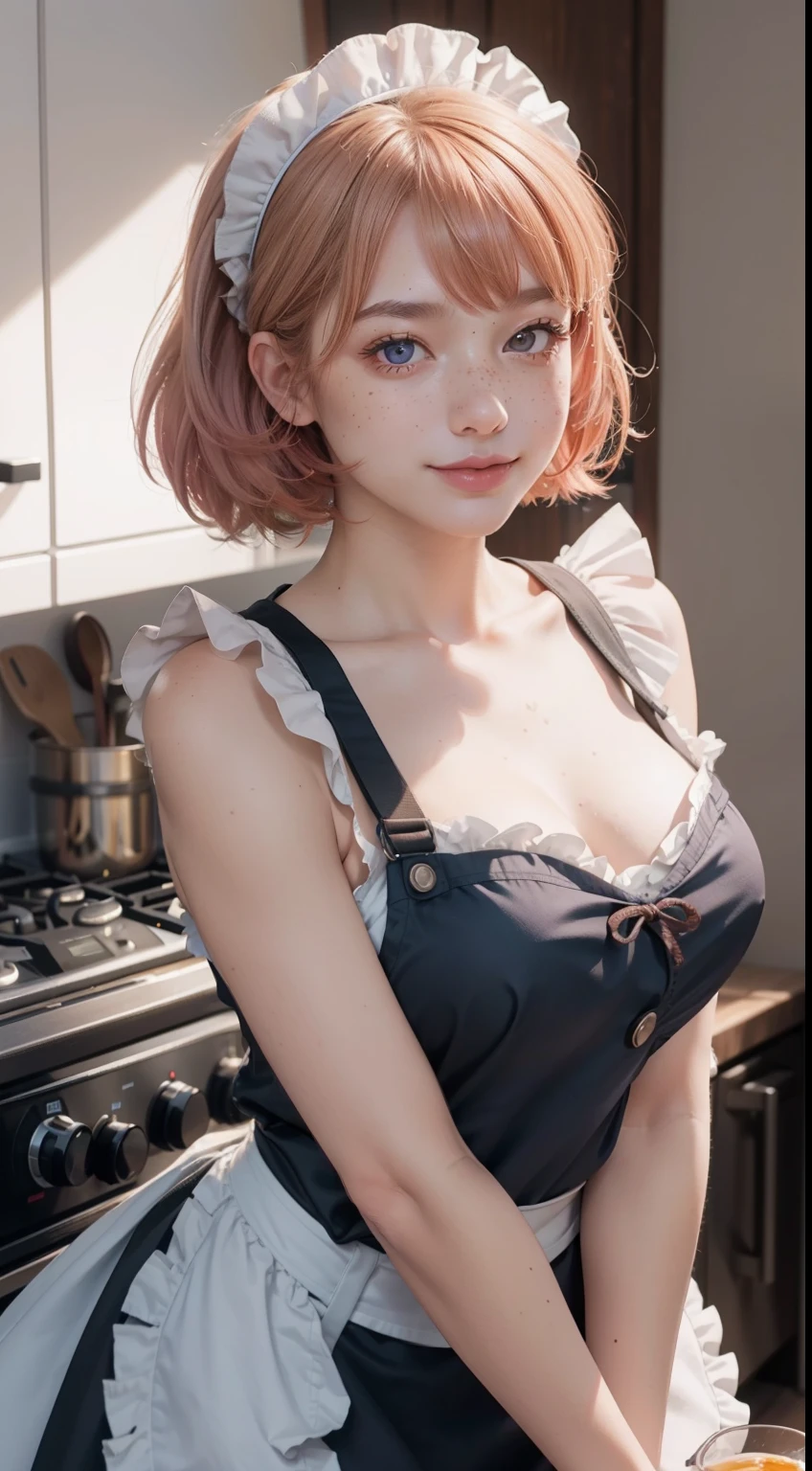 Closeup portrait of playful maid, cropped hair, apron, amazing body, pronounced femininity, plump, kitchen, [ash blonde|ginger|pink hair], freckles, flirting with camera