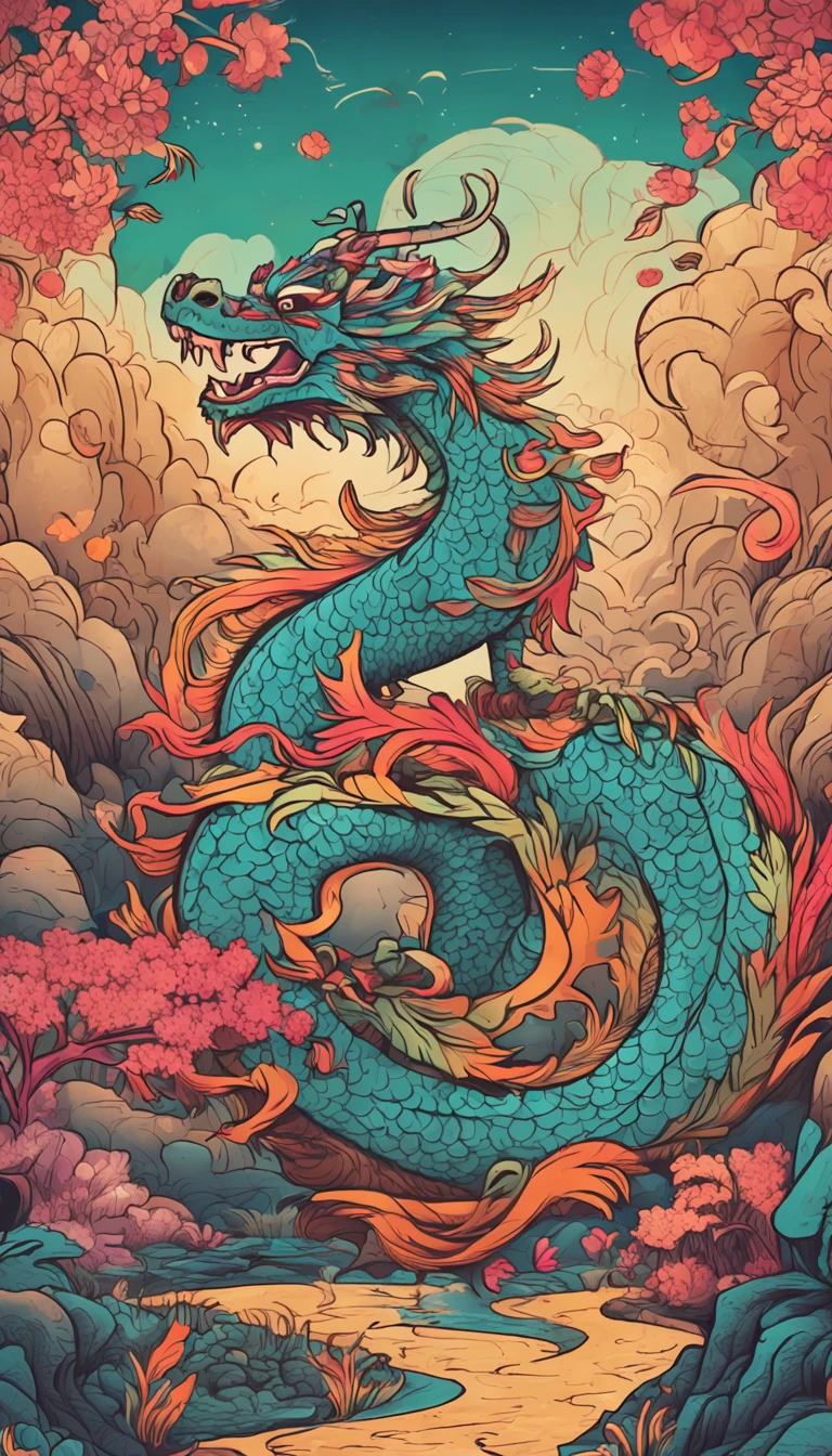 Best quality, chinesedragon，glimmering, , 2D, flat, Adorable, Vintage, Art on cracked paper, fairytale-like, Detailed illustration of the storybook, Cinematic, hyper HD, detaile, Beautiful details, mistic, Luminism, Vibrant colors,