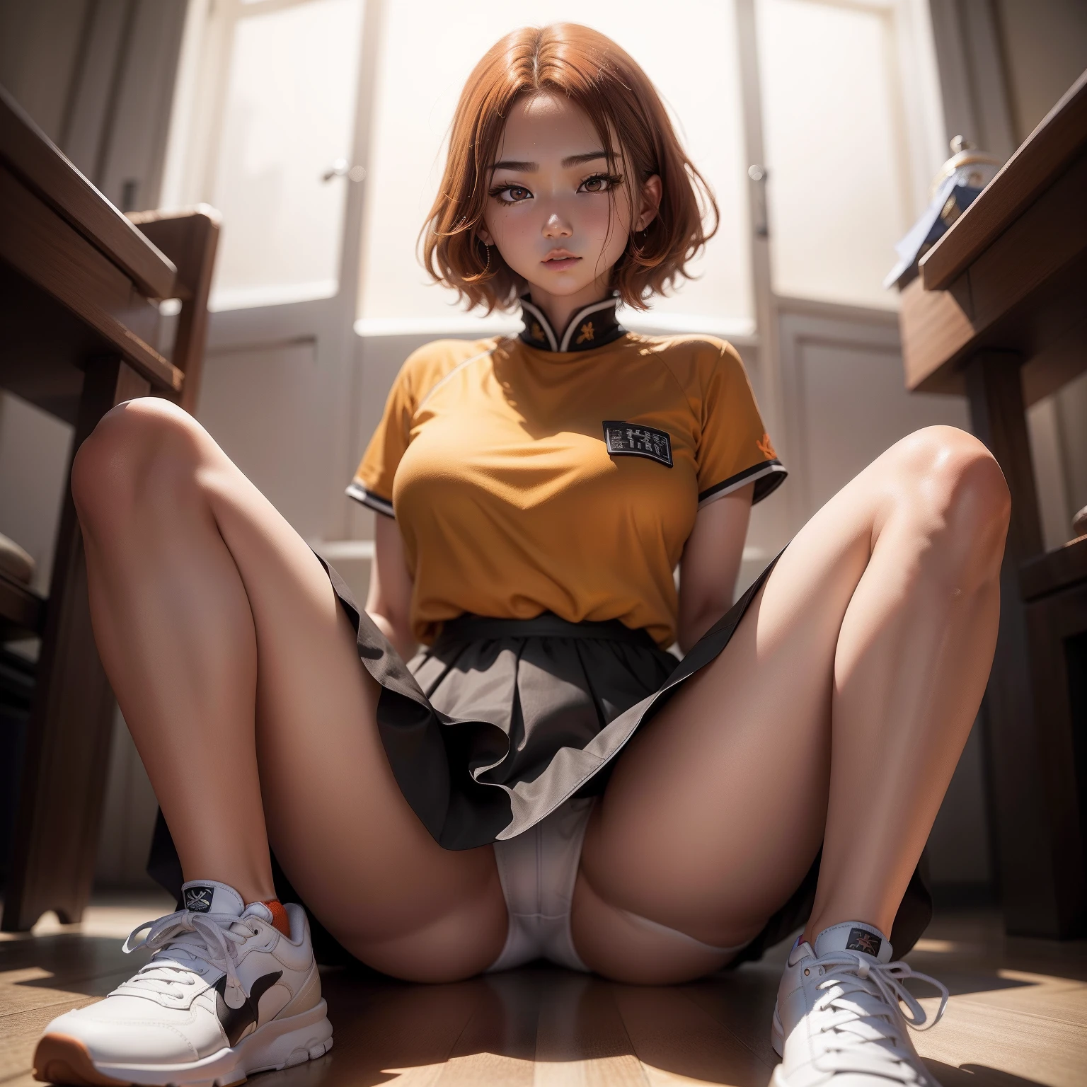 tmasterpiece， best qualtiy， realisticlying， ultra - detailed， （shiny skins， sweat leggs：1.4）， absurderes， Slender， Large ， looking at viewert， 1girll， 独奏， 比基尼， White sneakers， white mini-skirt， Very short hair， Orange-brown hair， Black eyes， （Large）， 动态照明， A high resolution， tack sharp focus， depth of fields， Detailed eyes，realistic pupil，opening legs