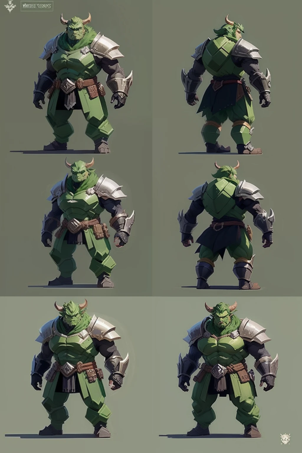 game character sheet, forest ogre, metal shoulder pad, menacing eyes, front view, left side view, right side view, back view, 2D game image, detailed pixel art
