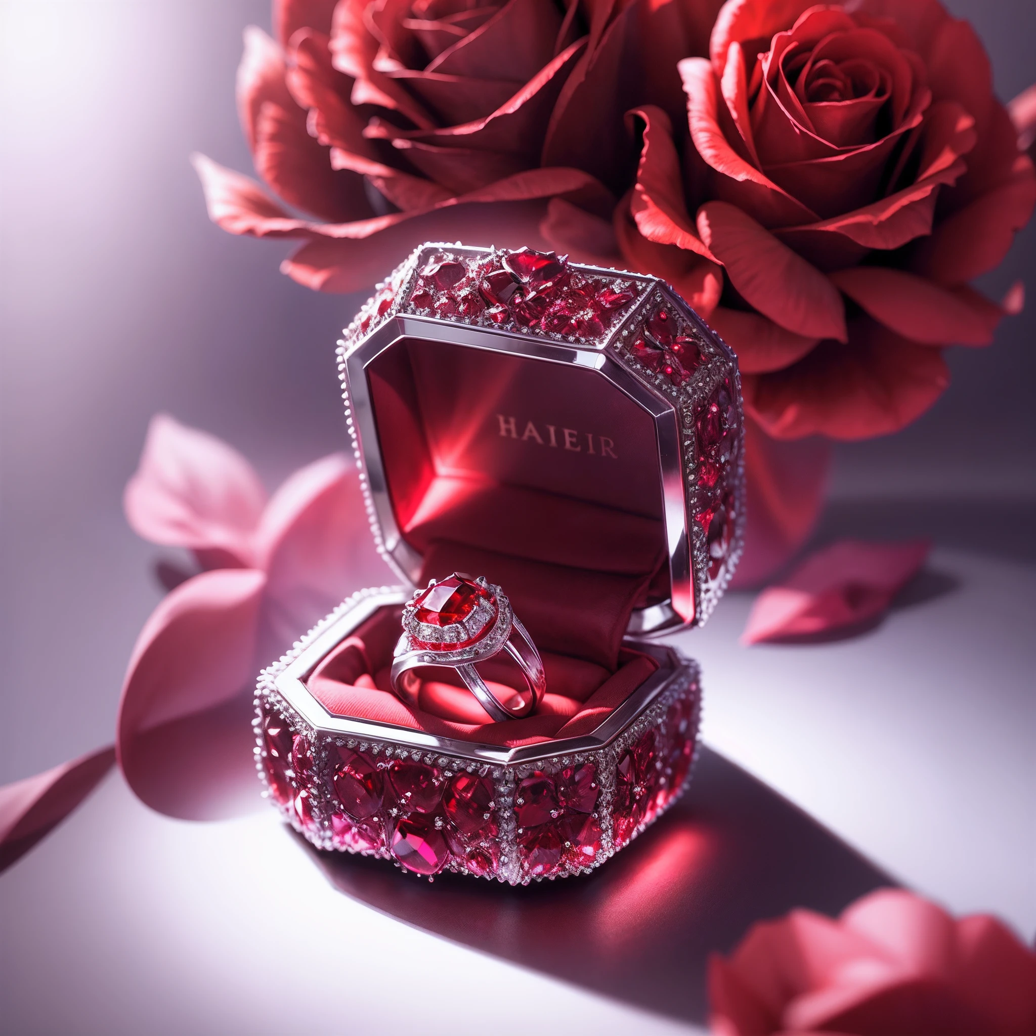 hyper HD, Super detail, Best quality, High details, 1080p, 16k, A high resolution,Silver magic ring,Set with red diamonds,In the background is a display stand made of red silk,Bright lighting,3Drenderingof,Red rose embellishment
