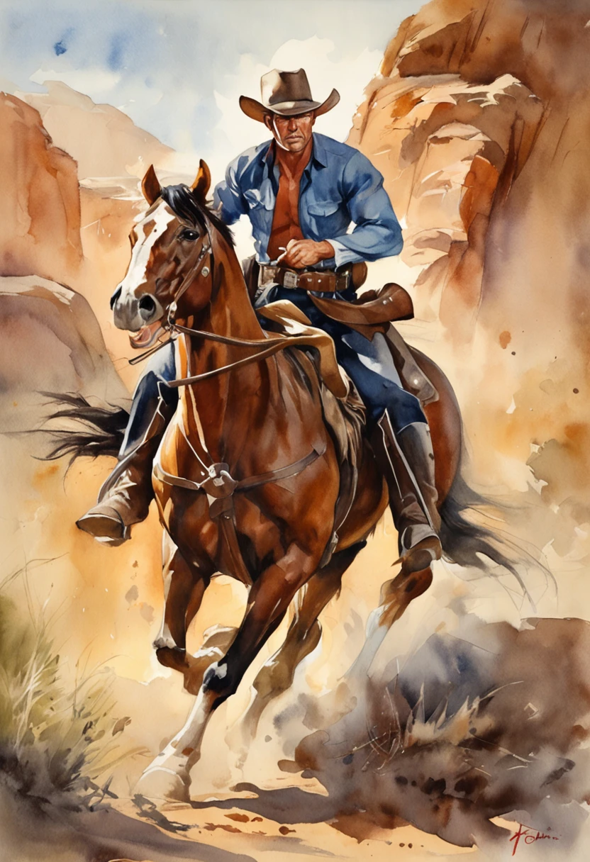 A cowboy (Clint East Wood) with gun in hand, ((angry 1.4)), raiding a running horse, Screaming, action, dark side, Mystery , Dark Background, pastels, by harry bush, James Montgomery Flagg and Lois van Baarle and jim french and rossdraws, detailed realistic eyes, big bare feet, large bulge in crotch, very handsome, beautiful