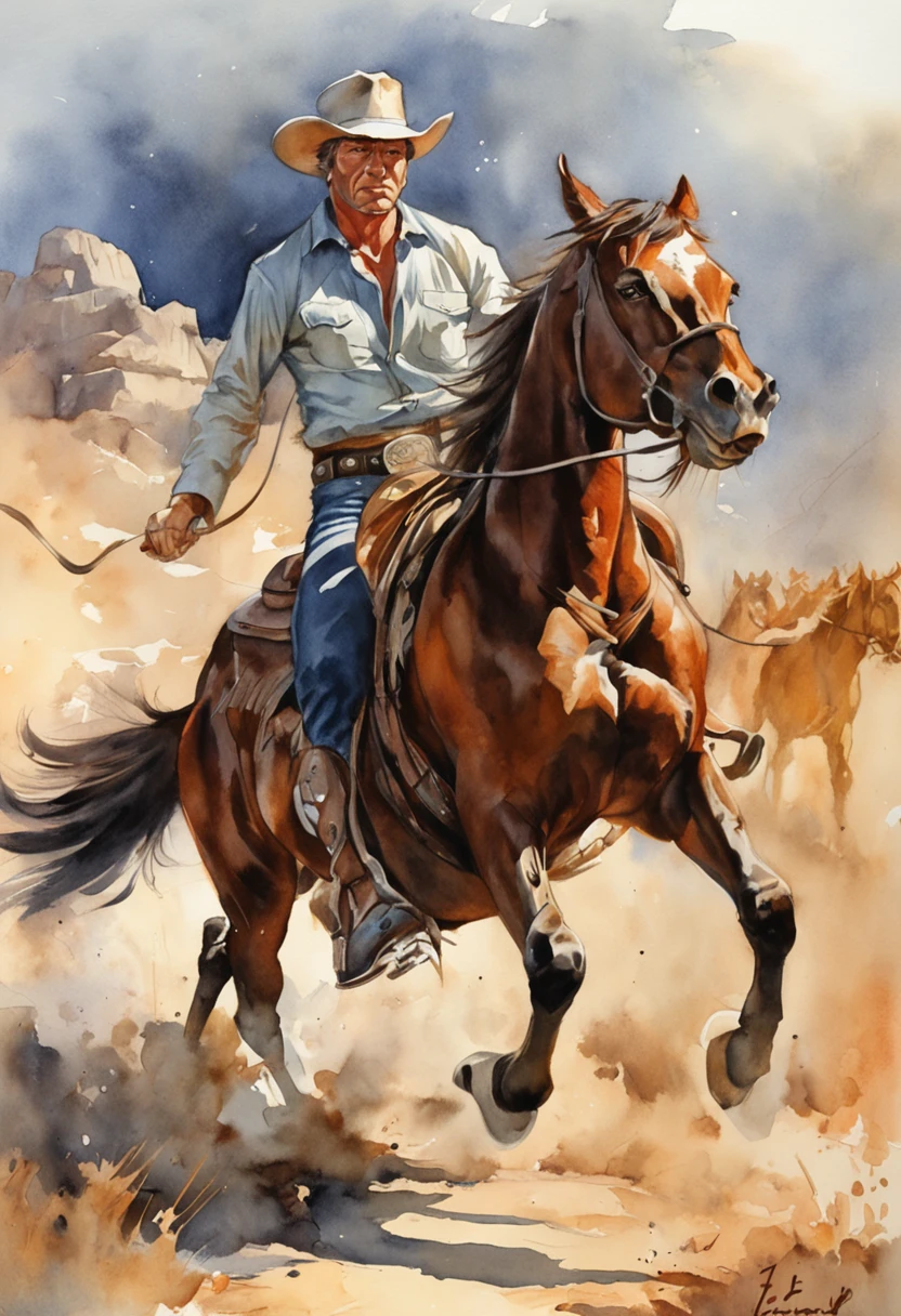 A cowboy (Clint East Wood) with gun in hand, ((angry 1.4)), raiding a running horse, Screaming, action, dark side, Mystery , Dark Background, pastels, by harry bush, James Montgomery Flagg and Lois van Baarle and jim french and rossdraws, detailed realistic eyes, big bare feet, large bulge in crotch, very handsome, beautiful