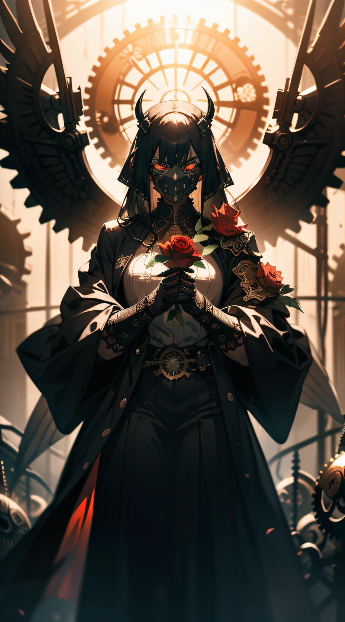 steam punk,demon, mask, death, masterpeice, steam punk style, gears, holding rose, close up, scary, alone, coat, fog, machines, intricate, detailed, badass,horror, solo,fear,strong, wings, feathres, 4k, wallpaper, best quality, artistic, asthetic,cinematic