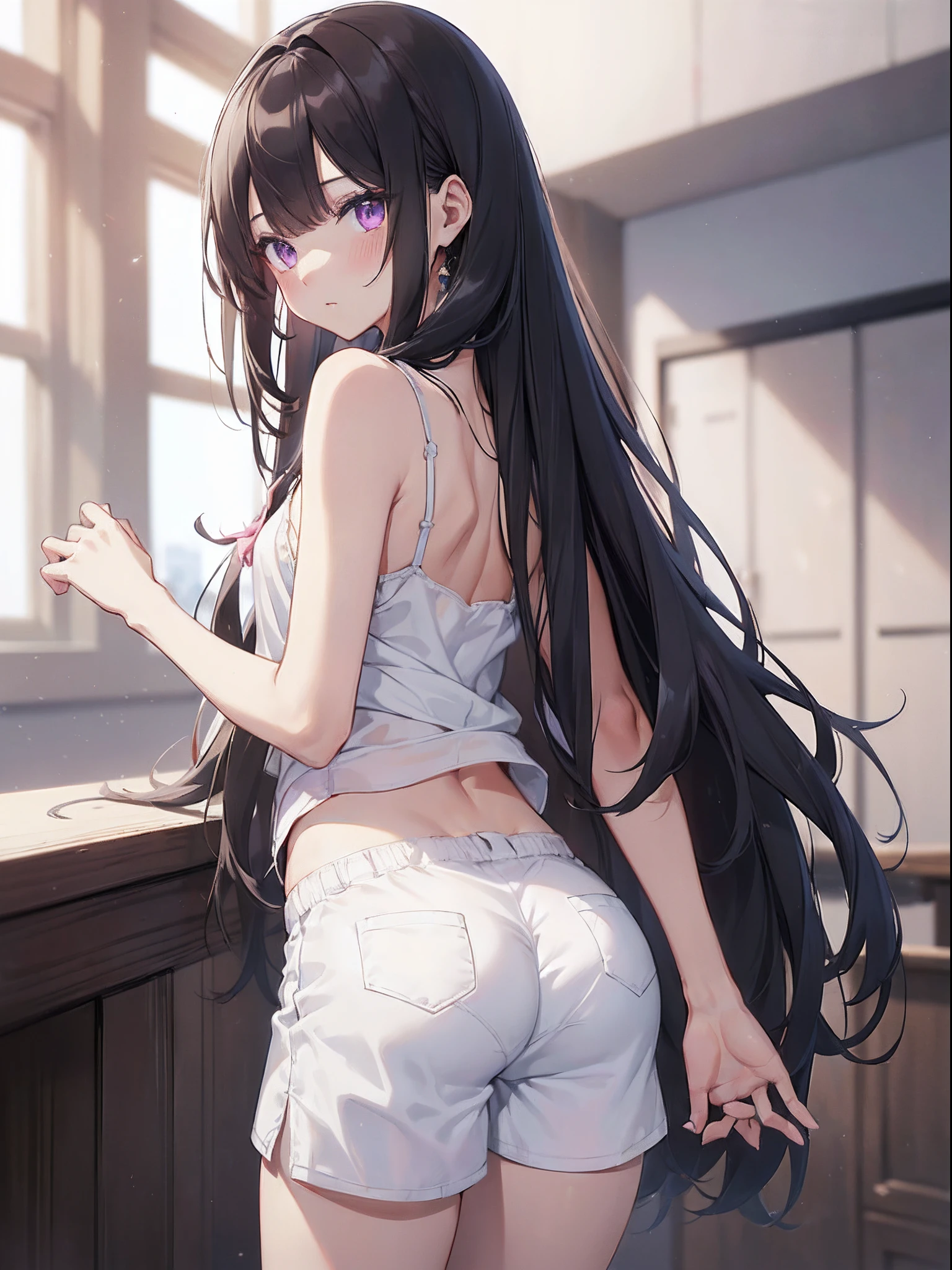 absurderes,(​masterpiece、top-quality、8K ),intricate detailes,ultra-detailliert、1shita, (trap ,Otokonoko, Tom Girl:1.2), Solo, Male Focus, Very long hair, Cute anime face, Indoor, ( flat chest, bulge:1.2),midriff peek,((blush)), Black hair, Purple eyes, (White camisole、shortpants:1.3),hyper realistic,perfect anatomy