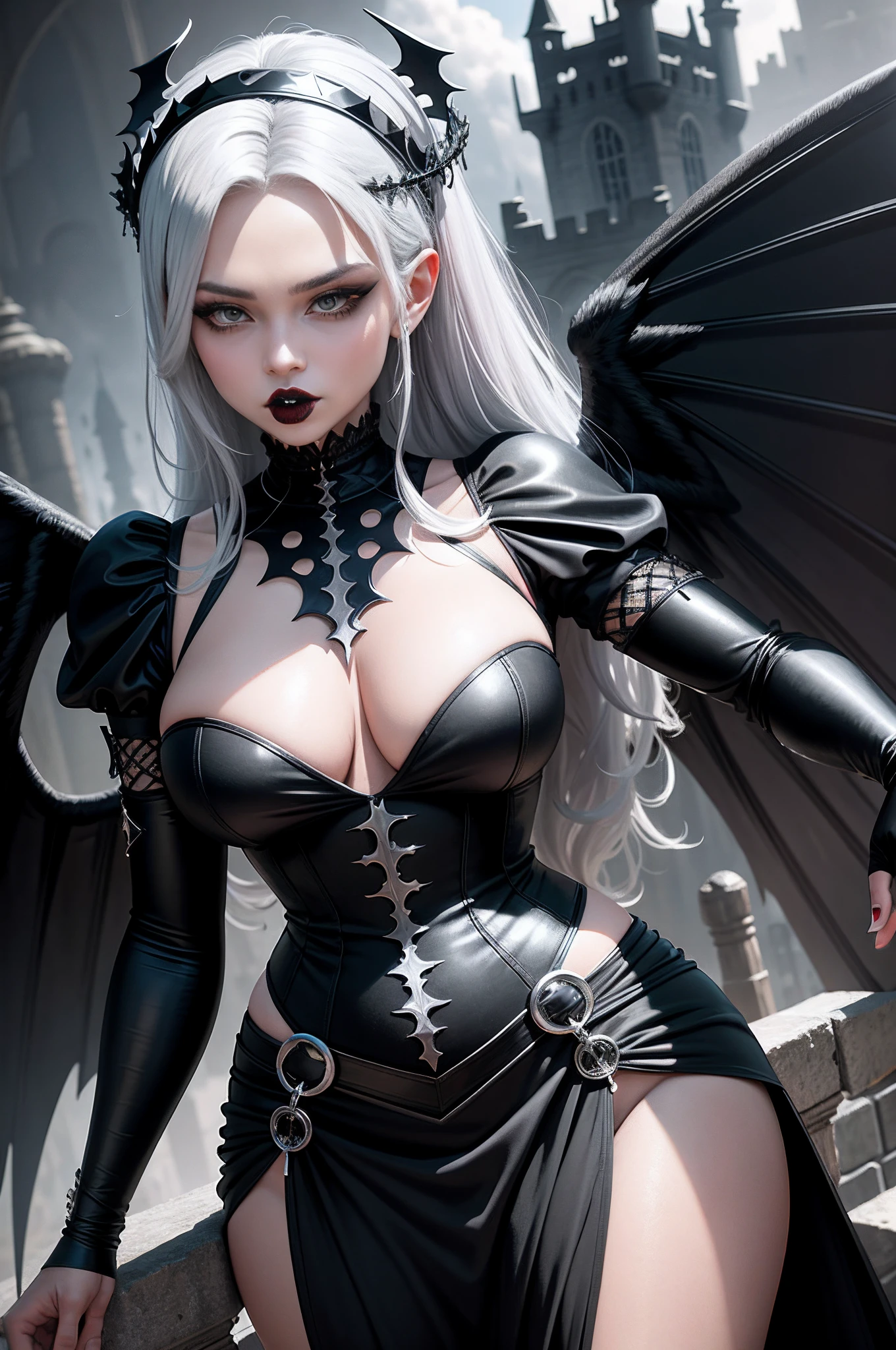 (obra-prima, melhor qualidade: 1.3), feminino, bunda POV, demonic humanoid, wearing a gothic dress, giant ass, Black wings on the waist, silver hair, crown, black veil in the mouth, Gothic black castle in the background