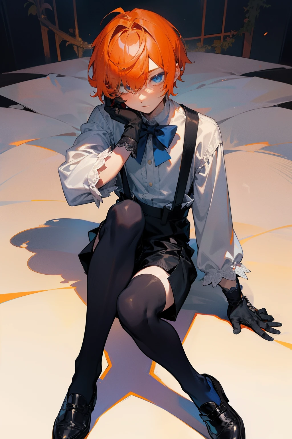 A teenager，orange short hair，blue color eyes，Bangs cover one eye，Wear a white shirt，The cuffs have long lace trims，blue bowtie，longer sleeves，wearing black shorts，show legs，Wear suspenders and leather shoes，He wears black half-palm gloves on his hands，full bodyesbian，