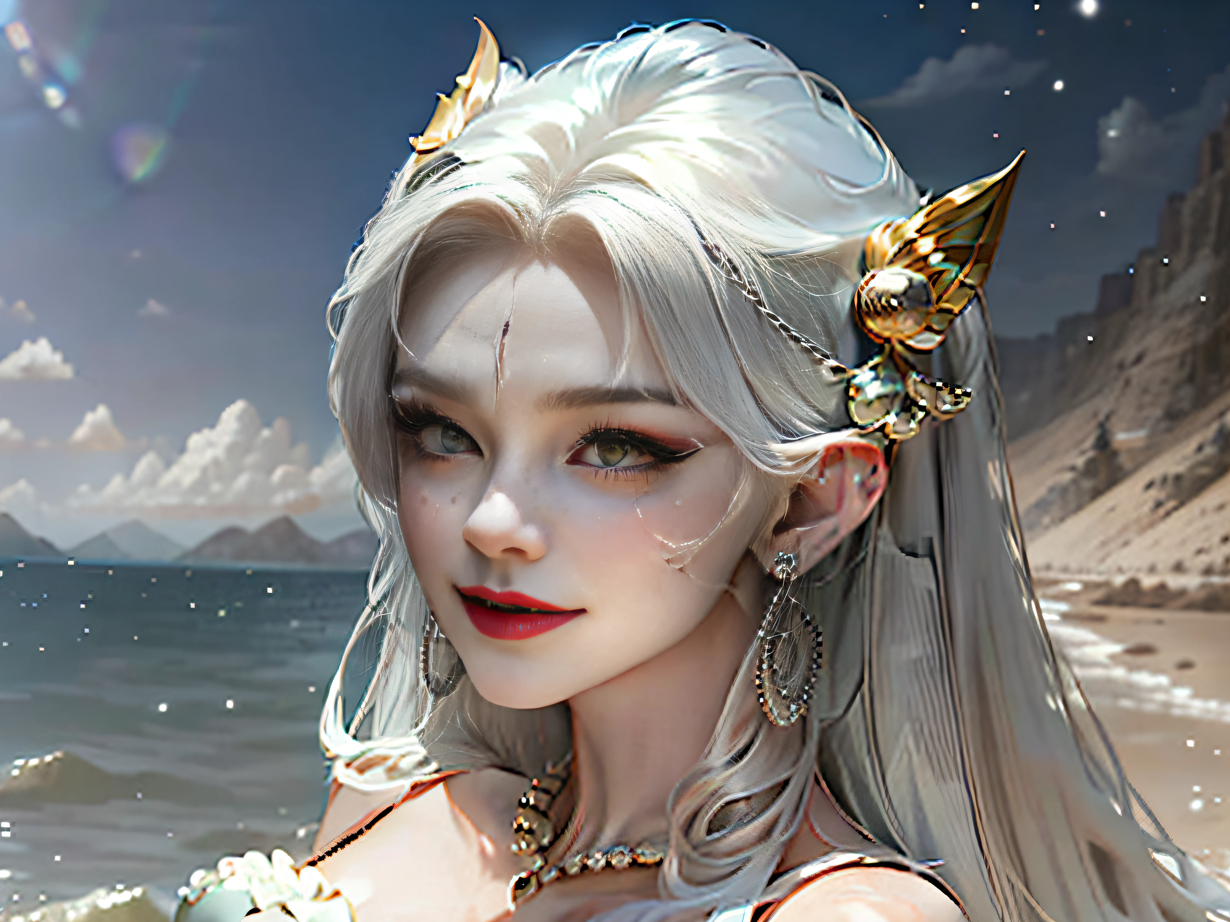 hair bobbles, wince, solid circle eyes, Fake animal ears, Light smile, Ear blush, Fang, Silver hair, forehead mark, bead necklace, Raised eyebrows, eyes reflection, Glaring, hoop earings, long and pointed ears, Makeup, poison fangs, surrealism, anaglyph, stereograms, tachi-e, angle of view, Atmospheric perspective, cubismo, Close-up, Lens flare, 8K, Super detail, ccurate, Best quality, hyper HD, retinas, Super detail, High details, High quality, The best quality sexy woman,Chest exposure,Bigchest,Plump buttocks
