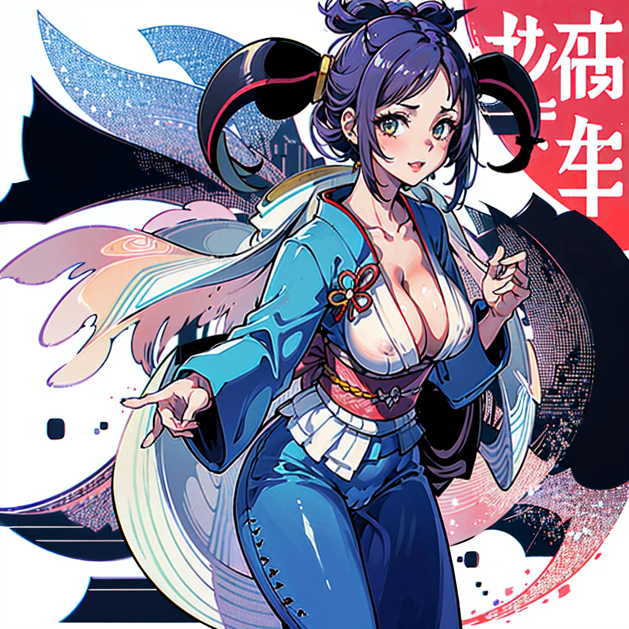 A girl wearing kimono , ecchi, milf, curvy, Osaka town, (large boobs:1.3), juicy cameltoe, erected , spiky rainbow hair, Masterpiece, milf, onegai teacher, curvy, juicy cameltoe, Kyoto city background, yakuza style, (cleavage view:1.3), hiding her beautiful hands, game cover art, illustration, ((masterpiece)), (((best quality))), UHD, highres, 8k, best quality, high details, anatomically correct
