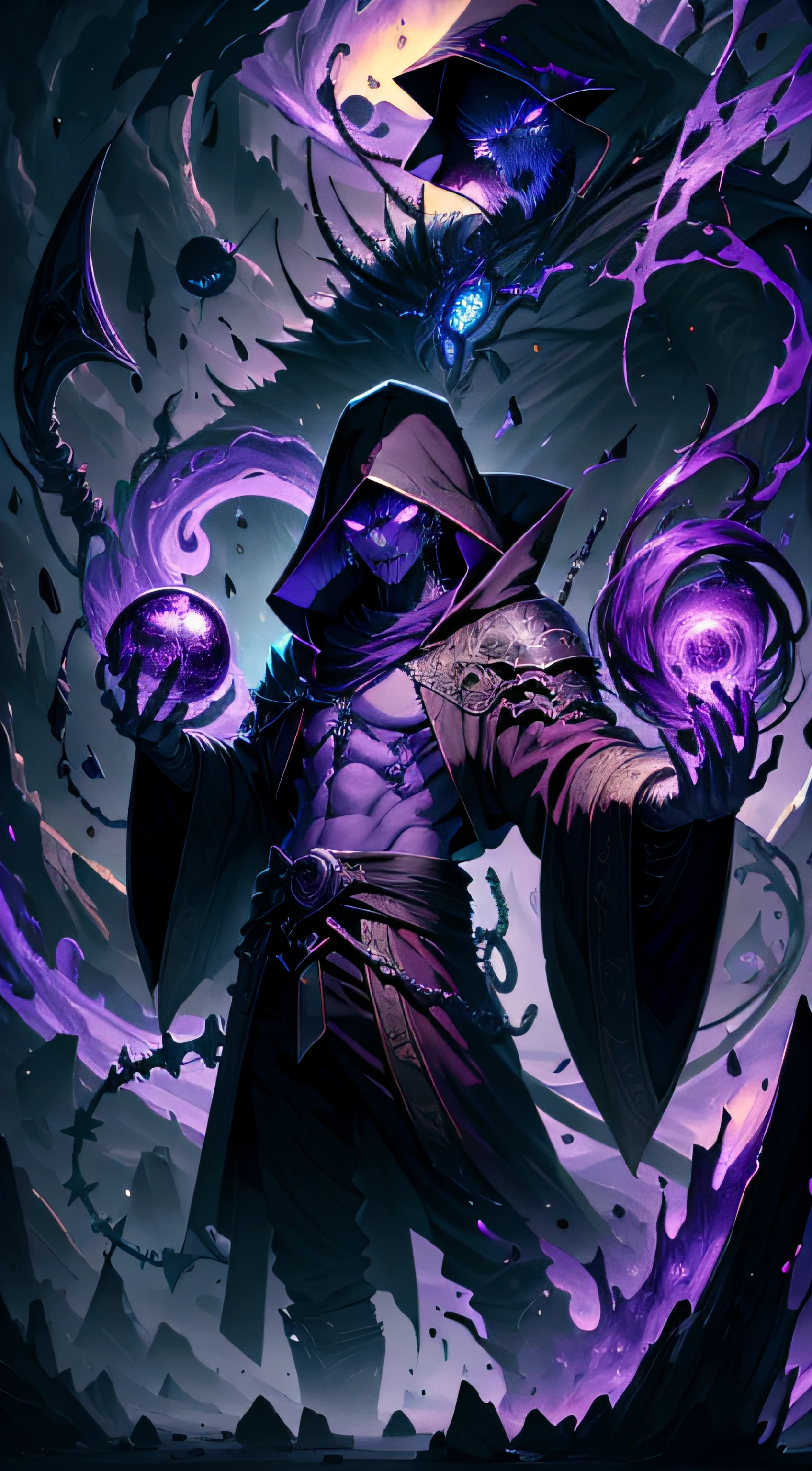 (absurdres, highres, ultra detailed, HDR), masterpiece, best quality, grim reaper male with scythe sitting on demon with a giant eye, in arrogant look, solo, reaper, male,huge scythe,glowing scythe, demon eyeball, giant eyeball, disgusting, black demon wing, demon horn, handsome, purple eye, glowing eye, black robe, earring and accessory, bare chest, arrogant face, full body, magic vortex, spark, swirl, black and purple aura, dark purple cloudy sky, abyss, abstract background, from side, look up, evil smile