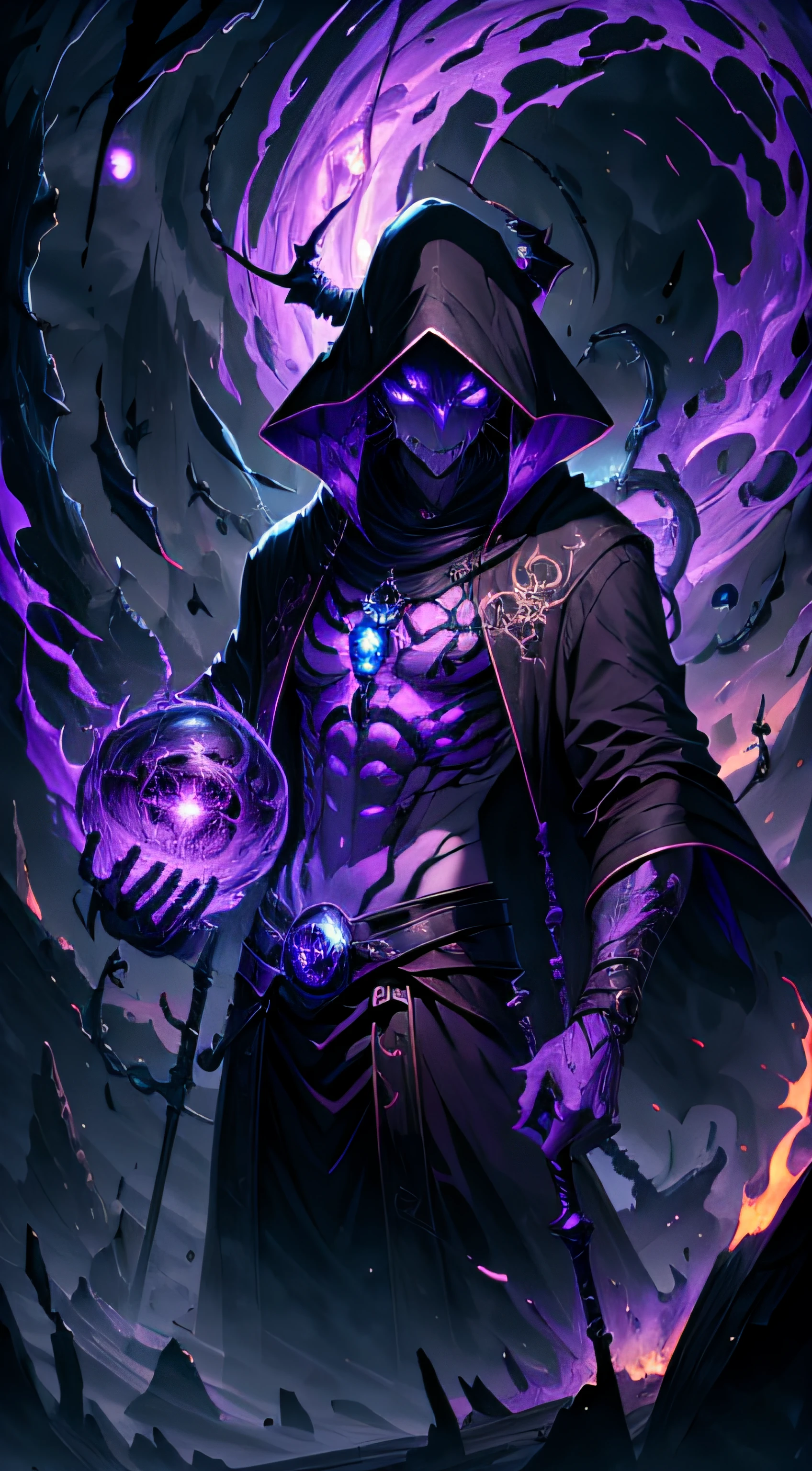 (absurdres, highres, ultra detailed, HDR), masterpiece, best quality, grim reaper male with scythe sitting on demon with a giant eye, in arrogant look, solo, reaper, male,huge scythe,glowing scythe, demon eyeball, giant eyeball, disgusting, black demon wing, demon horn, handsome, purple eye, glowing eye, black robe, earring and accessory, bare chest, arrogant face, full body, magic vortex, spark, swirl, black and purple aura, dark purple cloudy sky, abyss, abstract background, from side, look up, evil smile