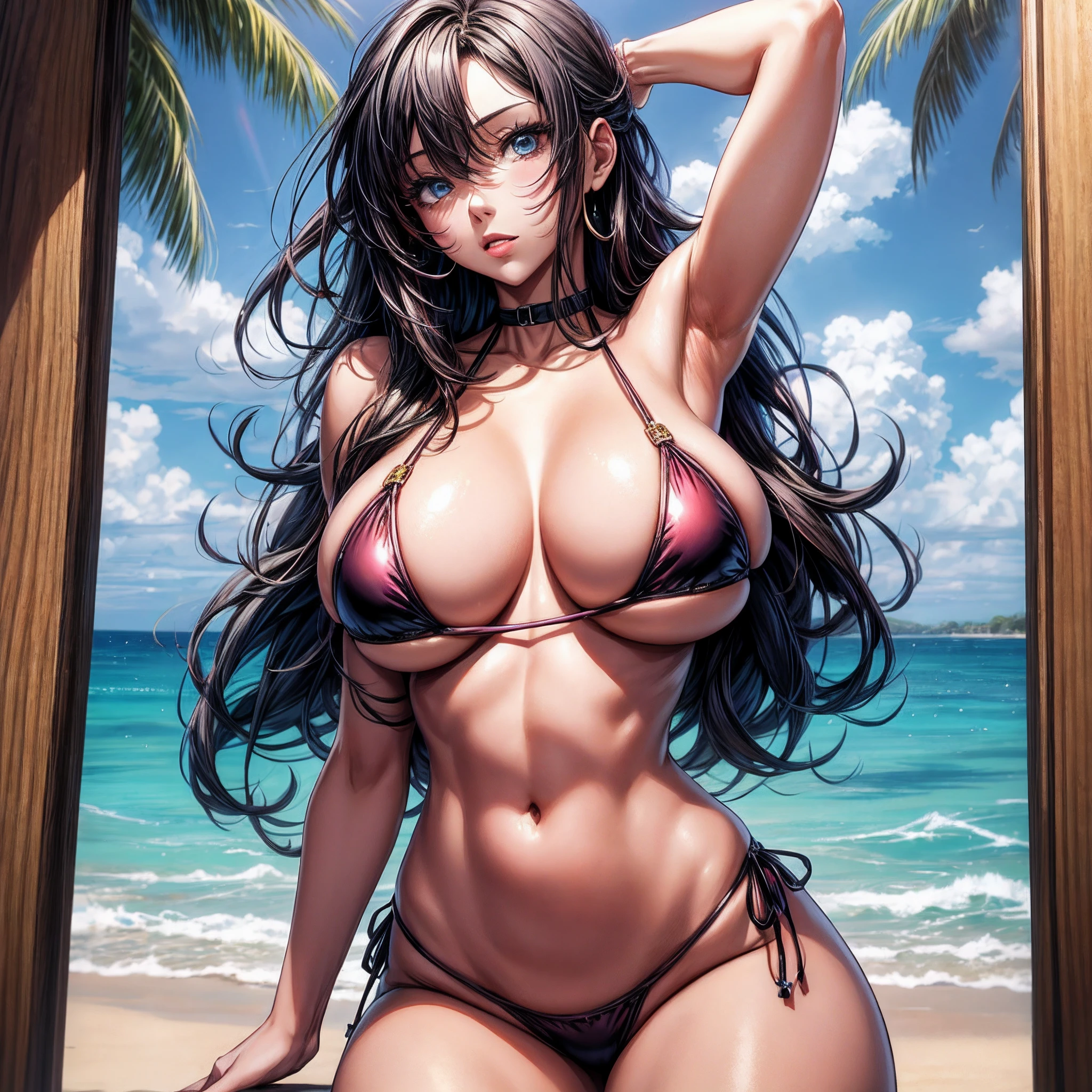 Brazilian woman on the edge of the beach in colored micro bikini, huge-breasted, Anime style.
