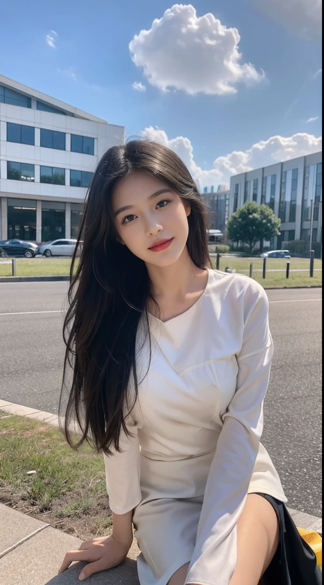 22-year-old girl, with gray eyes, pale white skin, normal body, smiling, black hair, photo taken with an ultra-realistic professional camera, very comfortable clothes, lying on the grass and a statue in the background