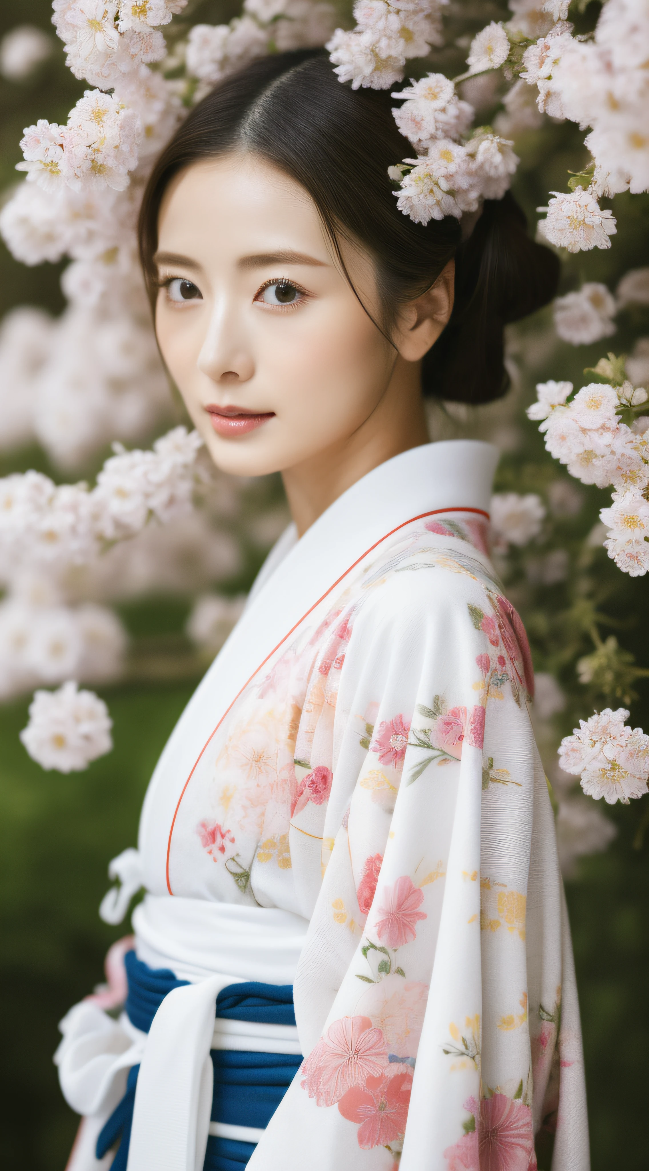 top-quality、8k picture、Arafe woman in kimono with flowers in her hair, in a kimono, Wearing kimono, A Japanese Lady, in a kimono, japanese kimono, elegant japanese woman, Japanese Models, bathrobe, traditional japanese, zora々Shishi Japan of Girls, , portrait of a japanese girl