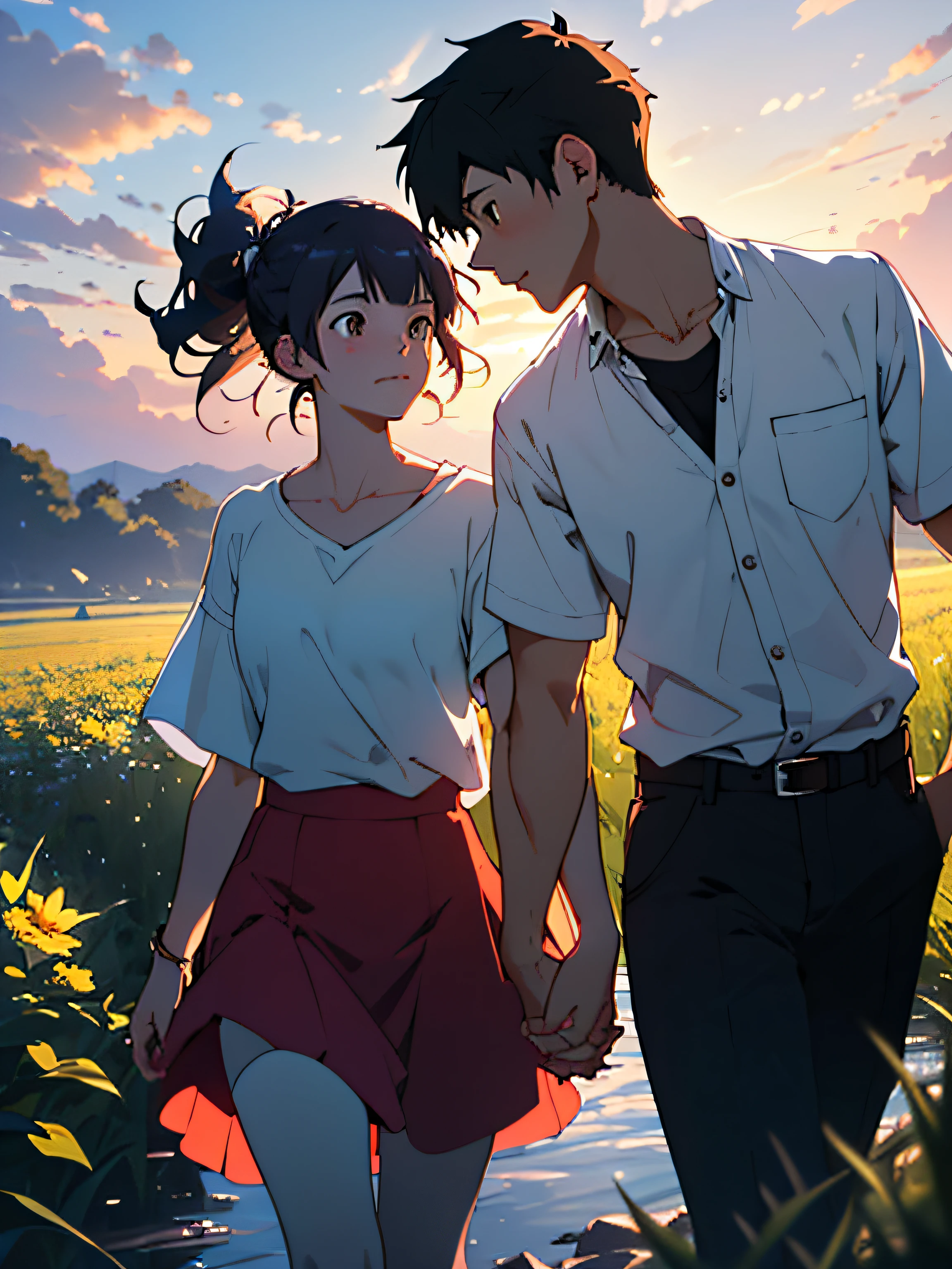 Anime couple walking in the field, (boy + girl), watery big eyes, (delicate and beautiful facial features), is the ultimate gentle beauty, the romantic atmosphere is very strong, the two (hand in hand) walking head-on, (from far and near), (facing the audience), (character shot close-up)), the boy looks at the girl affectionately and tenderly, ((behind is a beautiful sunset)), (girl white shirt with red skirt), (boy white T-shirt with black pants), exquisite clothing, beautiful, delicate, beautiful, Charming and moving, girl hair coiled behind her head, (coiled hair), messy bangs, big watery eyes, light brown eyes, fields dominated by (((amber)) and golden yellow, official art, guweiz and Makoto Shinkai, by Hiroshi Yamagata, Sakimichan and Makoto Shinkai, by Nobuta Yanagawa, style in Ghibli animation style, fiona staples and Makoto Shinkai, style by Makoto Shinkai, masterpiece, master painting, HD, 8K resolution