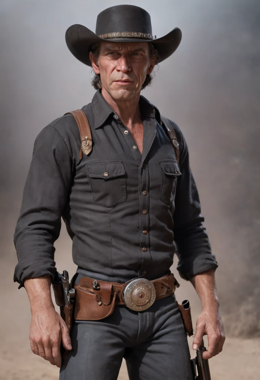 A cowboy (Clint East Wood) with gun in hand, ((angry 1.4)), raiding a running horse, Screaming, action, dark side, Mystery , Dark Background, pastels, by harry bush, James Montgomery Flagg and Lois van Baarle and jim french and rossdraws, detailed realistic eyes, big bare feet, large bulge in crotch, very handsome, beautiful