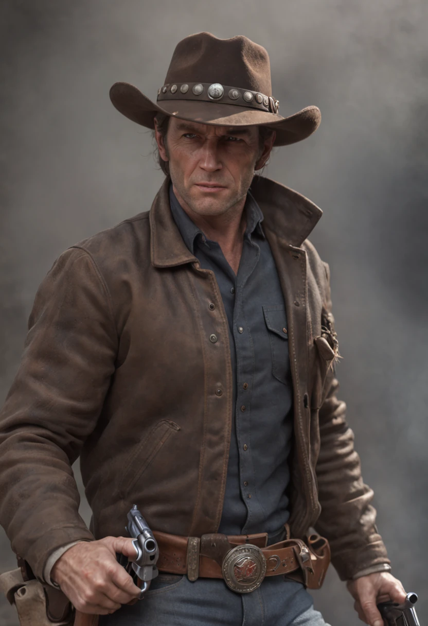 A cowboy (Clint East Wood) with gun in hand, ((angry 1.4)), raiding a running horse, Screaming, action, dark side, Mystery , Dark Background, pastels, by harry bush, James Montgomery Flagg and Lois van Baarle and jim french and rossdraws, detailed realistic eyes, big bare feet, large bulge in crotch, very handsome, beautiful