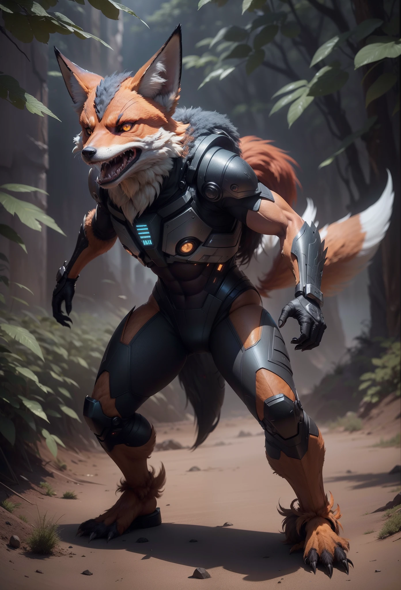 Sci fi humanoid creature with the feathers of a fox and mutant traits similar to rocket teeth, expressive, serious angry face, expressive real photography, natural light, photorealism, cinematic rendering, ray tracing, the highest quality, the highest detail, Cinematic, Third-Person View, Long Exposure, 8K, Ultra-HD, Natural Lighting, Moody Lighting, Cinematic Lighting